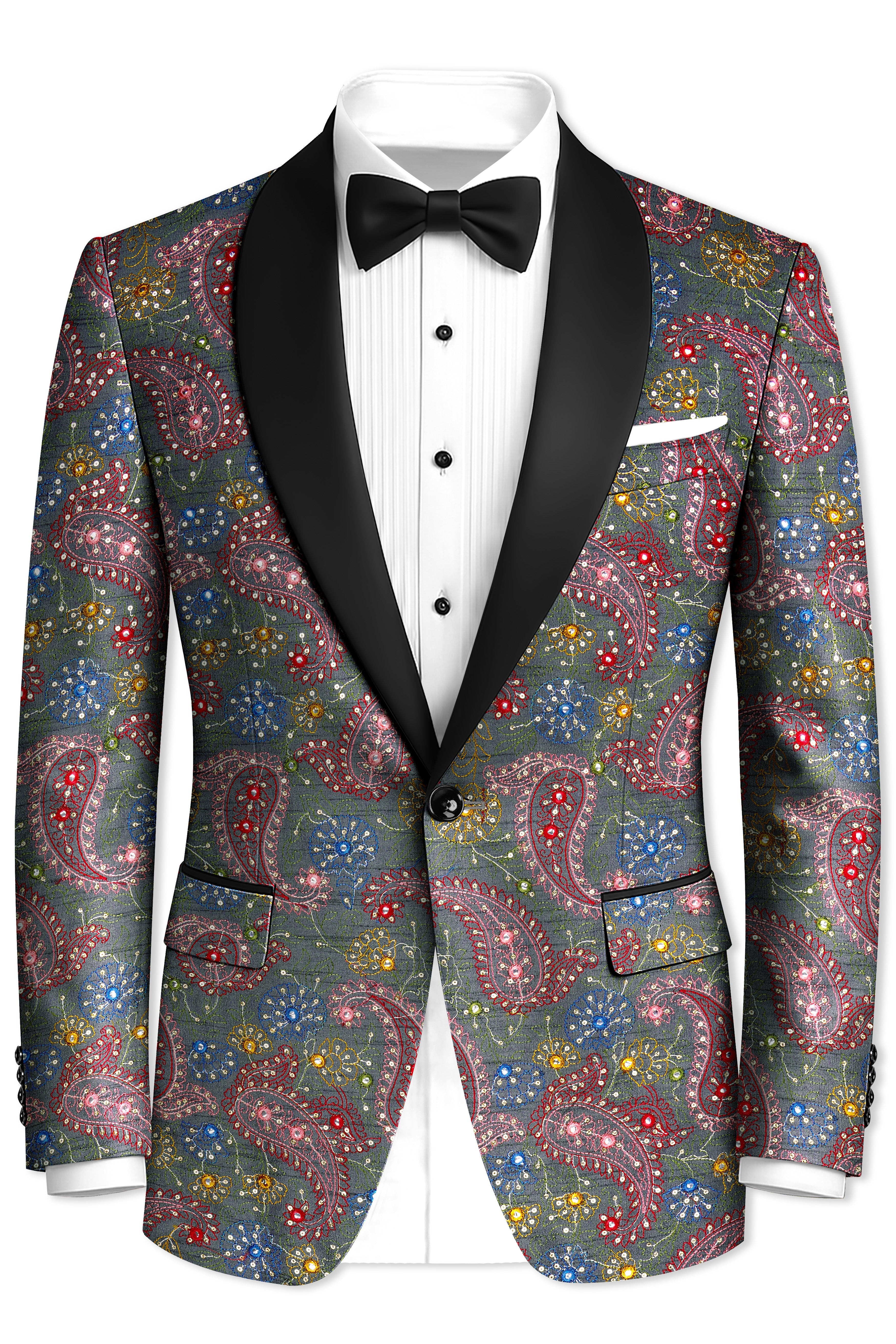 Paisora-Nickel Gray and Brink Pink Paisley Cotton Thread Embroidered Designer Tuxedo Suit