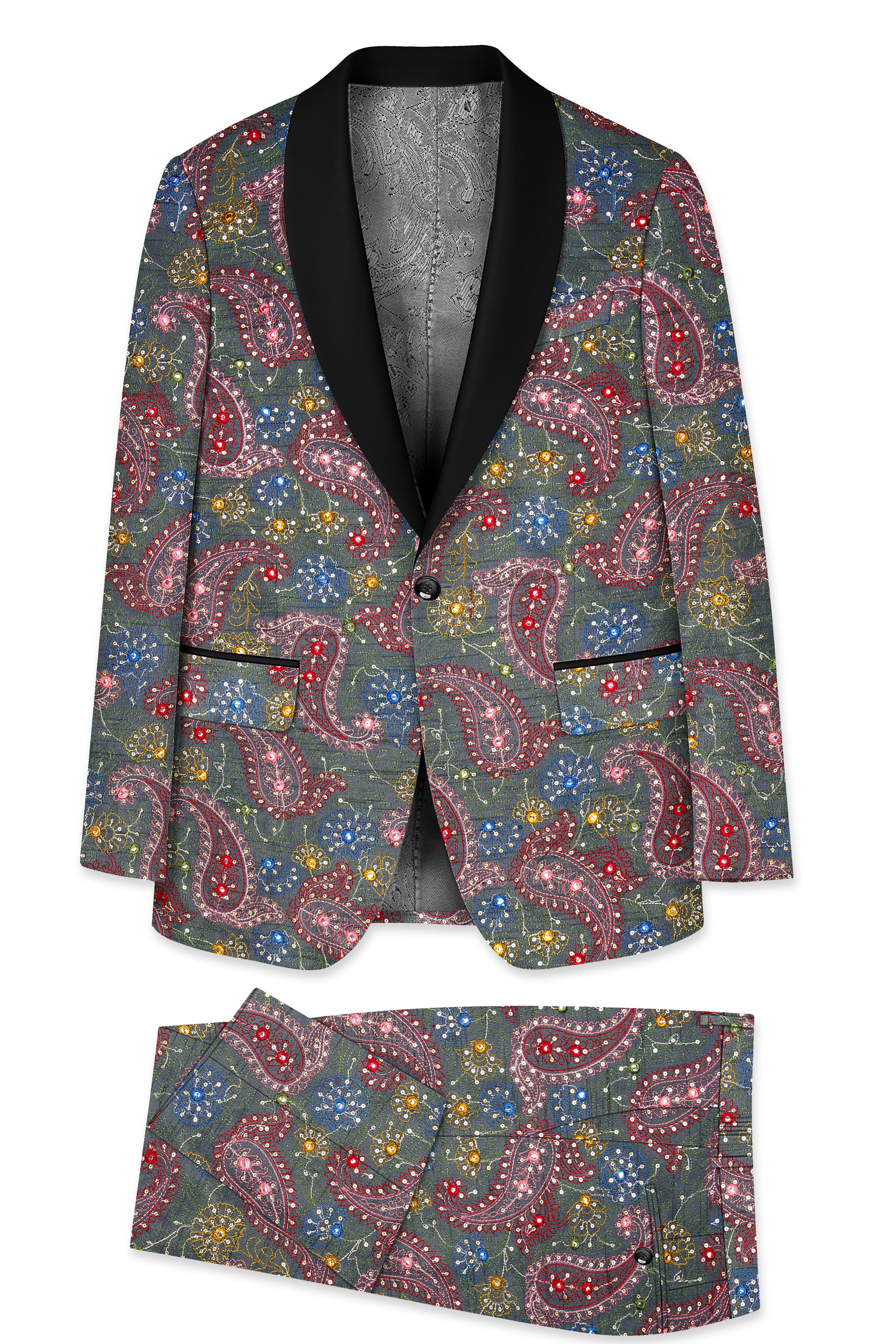 Paisora-Nickel Gray and Brink Pink Paisley Cotton Thread Embroidered Designer Tuxedo Suit