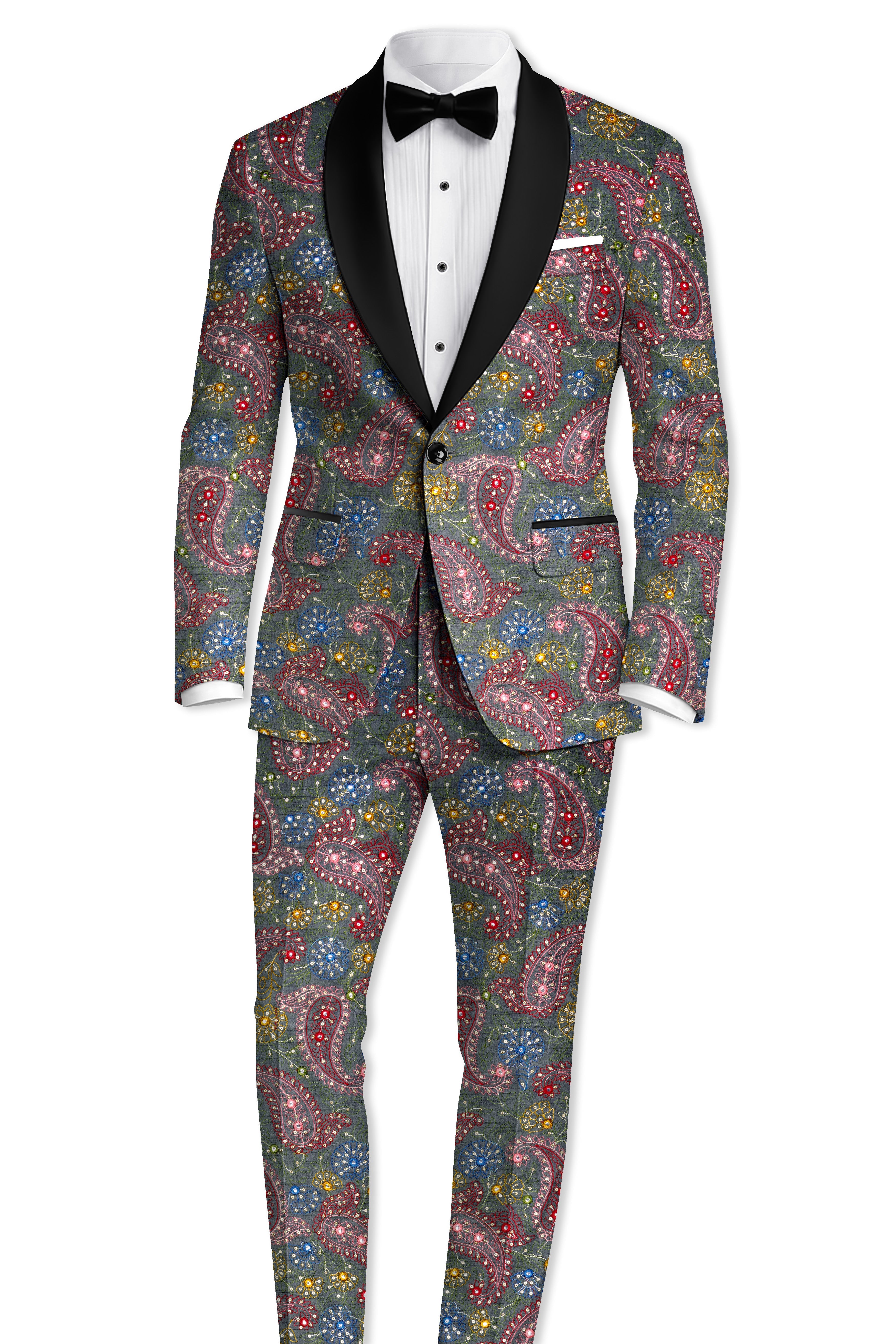 Paisora-Nickel Gray and Brink Pink Paisley Cotton Thread Embroidered Designer Tuxedo Suit
