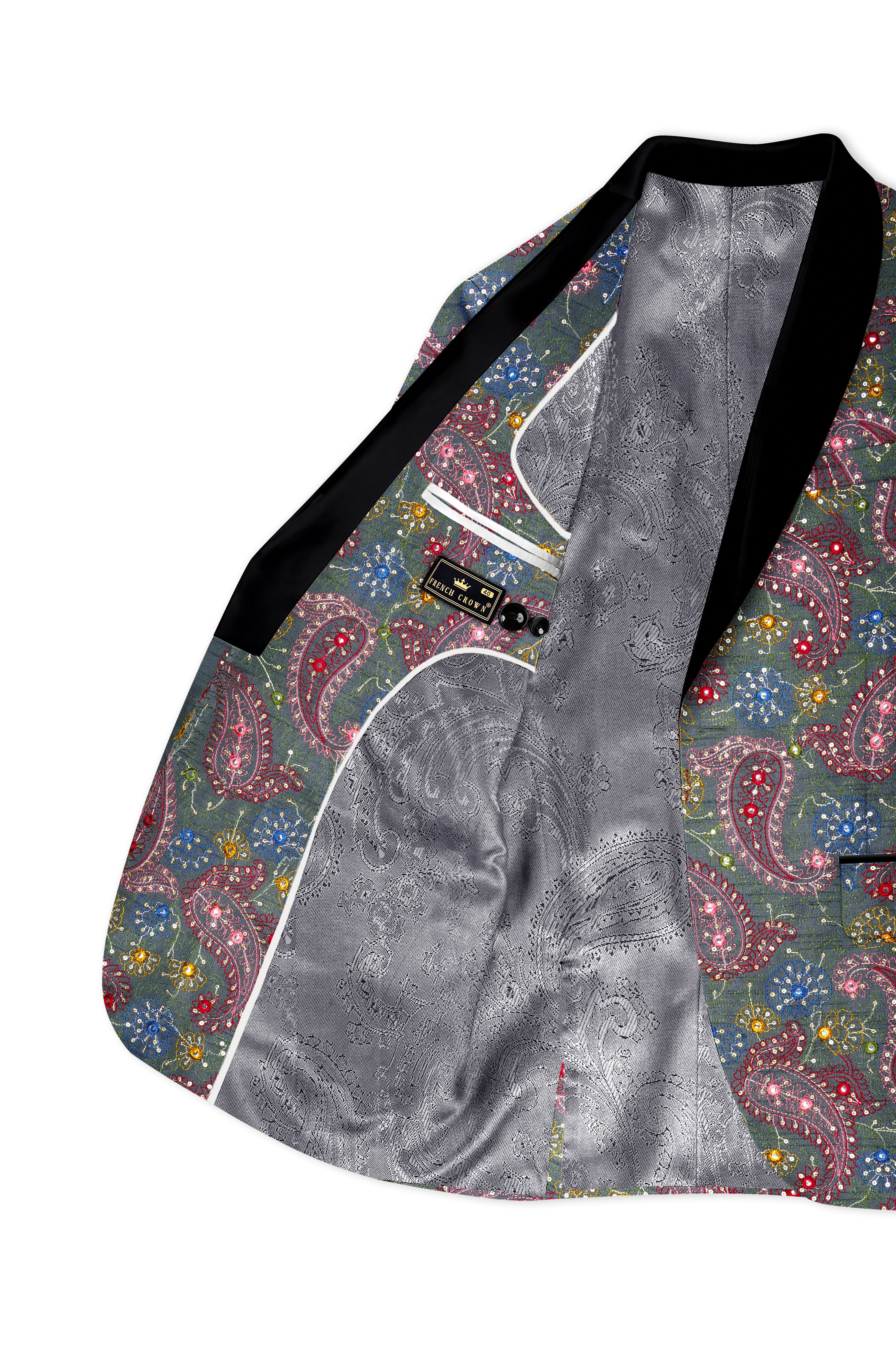 Paisora-Nickel Gray and Brink Pink Paisley Cotton Thread Embroidered Designer Tuxedo Suit