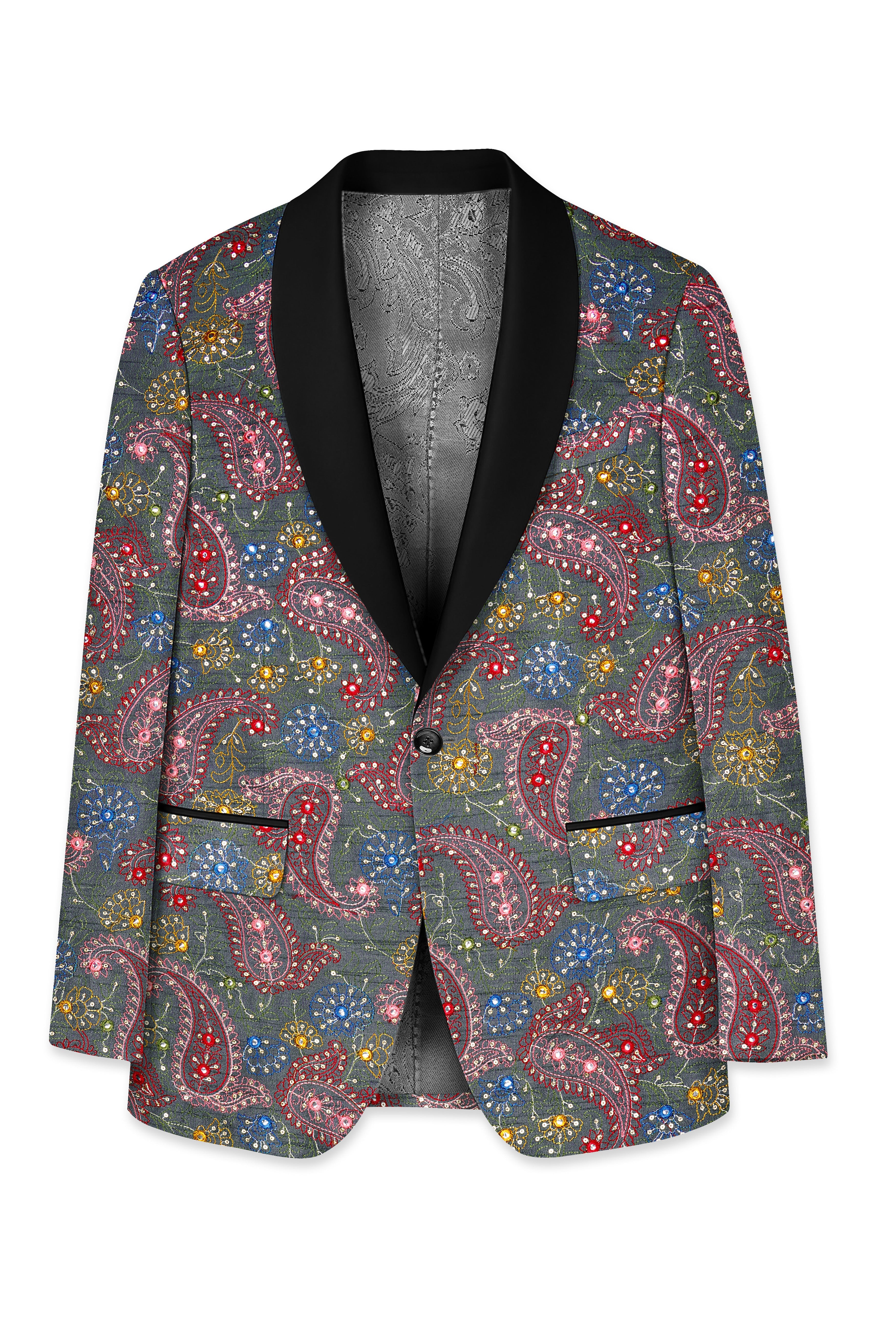 Paisora-Nickel Gray and Brink Pink Paisley Cotton Thread Embroidered Designer Tuxedo Suit