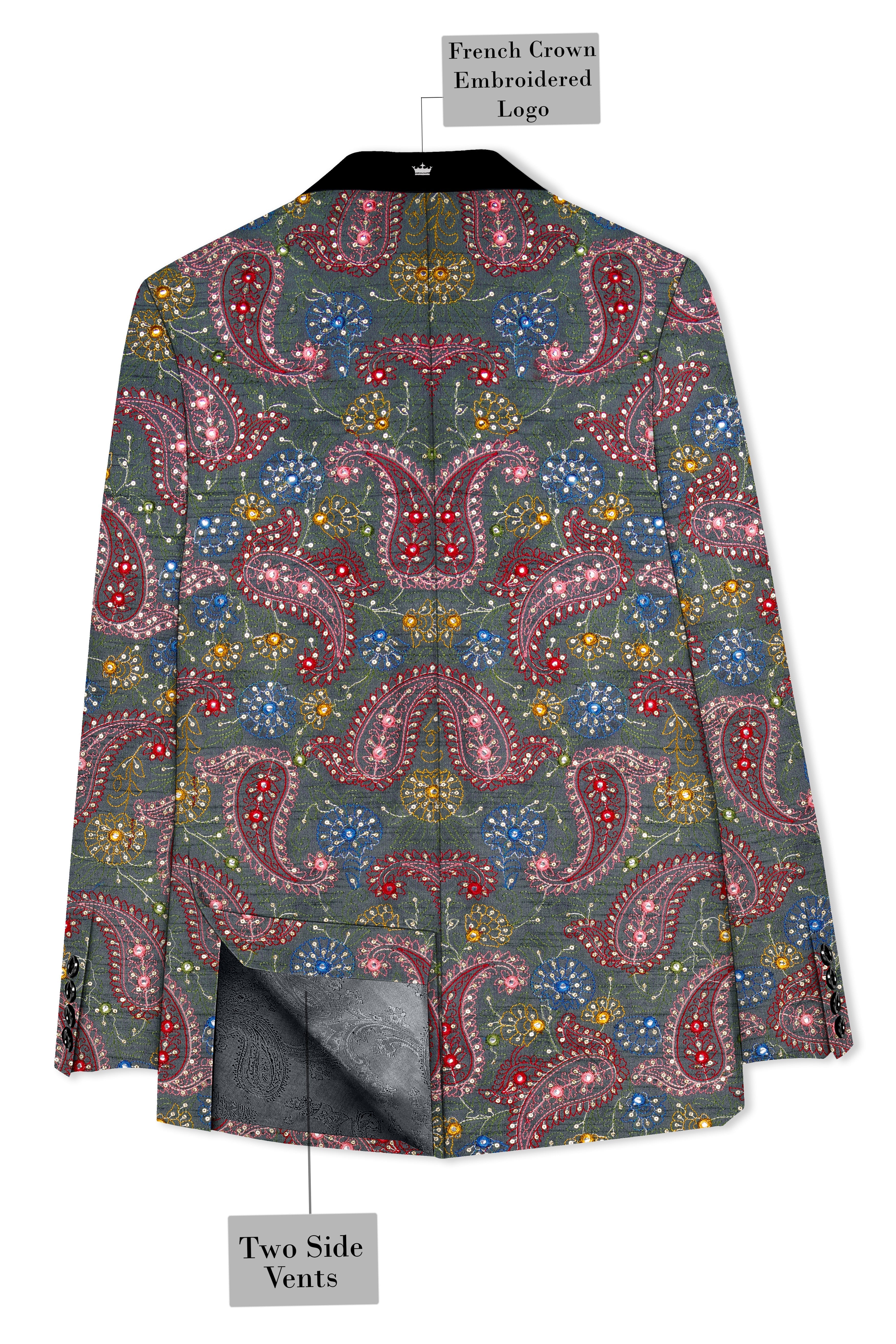 Paisora-Nickel Gray and Brink Pink Paisley Cotton Thread Embroidered Designer Tuxedo Suit