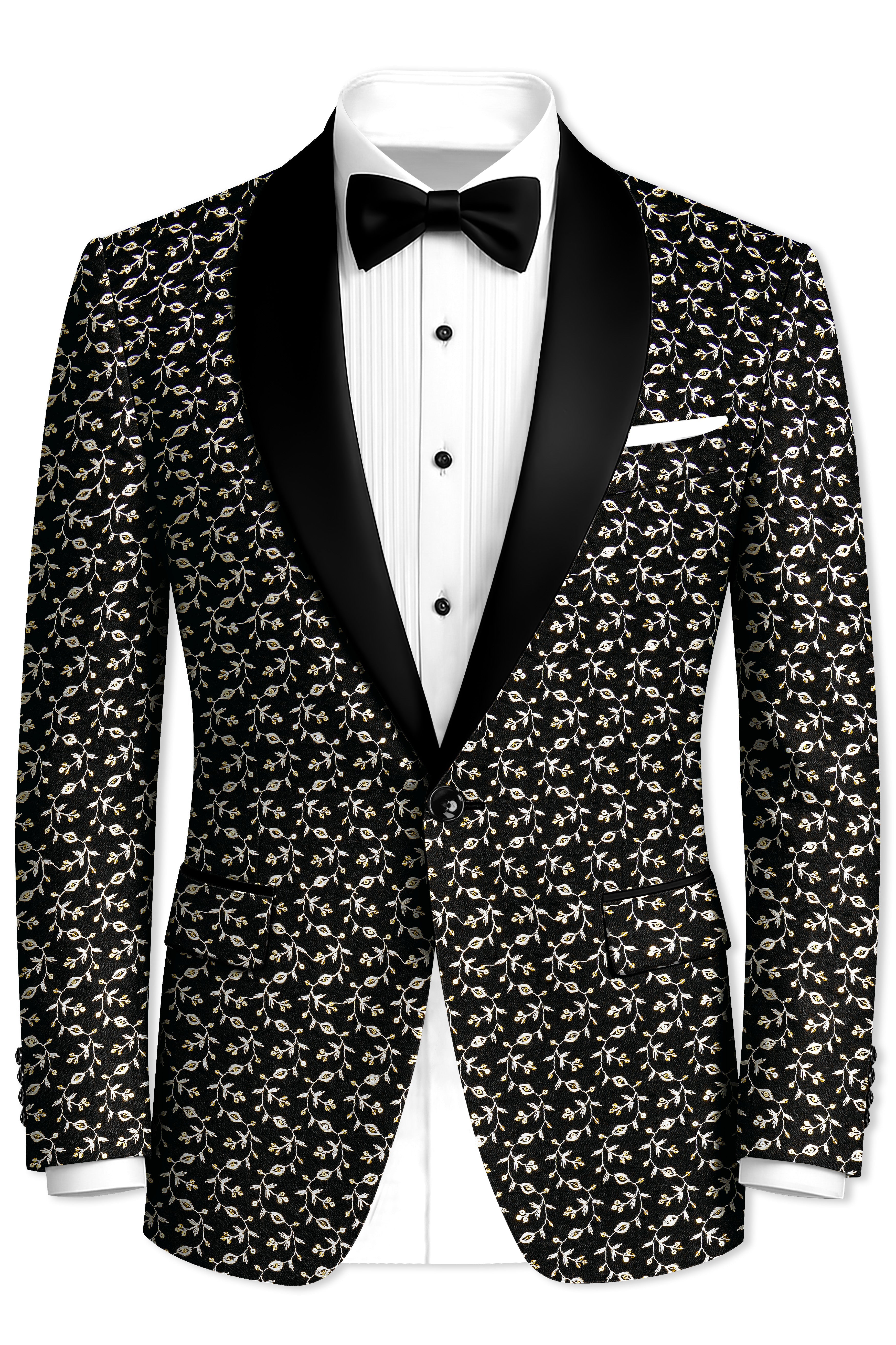 Nerquise-Jade Black Ditsy Pattern Thread and Sequin Embroidered Viscose Designer Tuxedo Suit