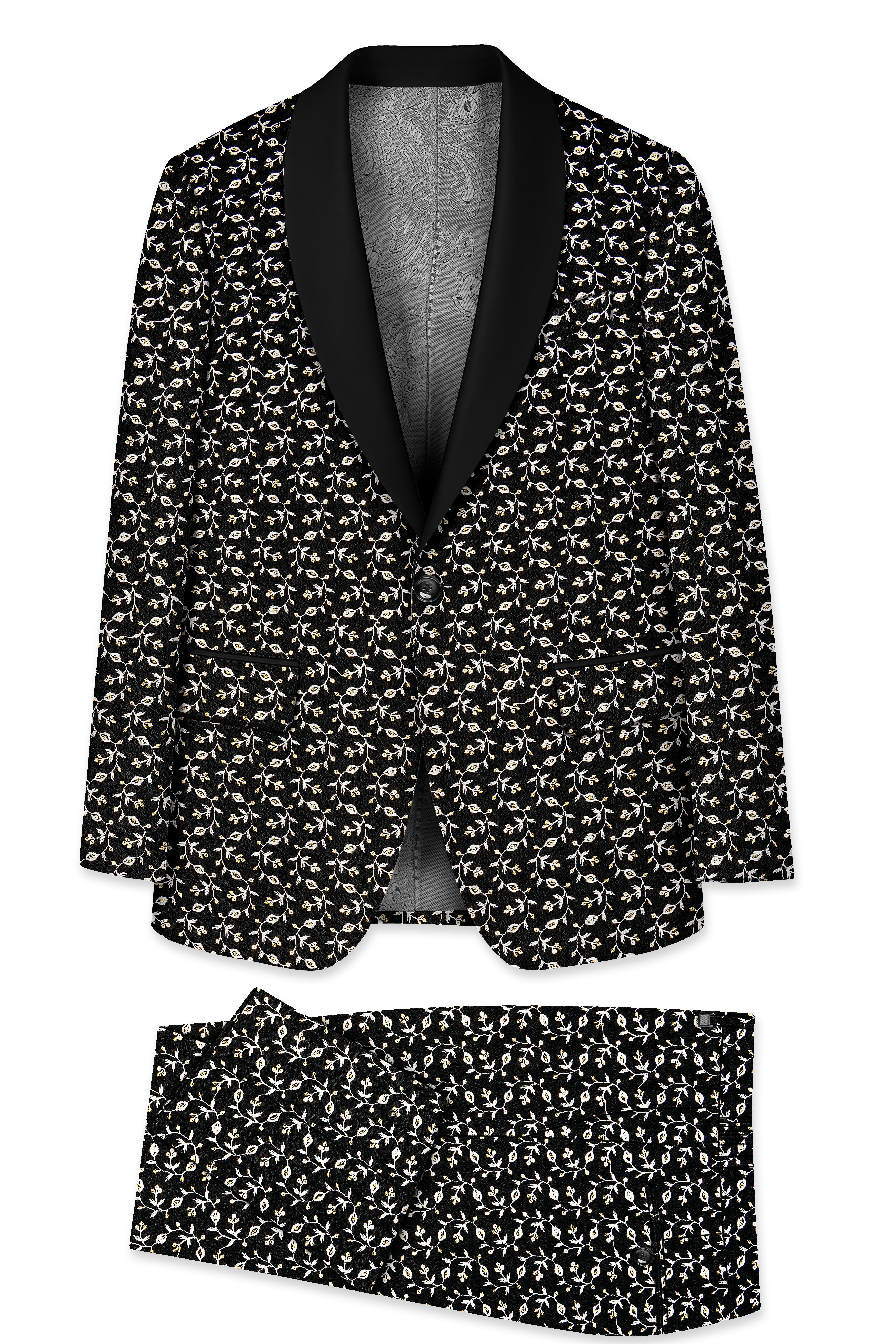 Nerquise-Jade Black Ditsy Pattern Thread and Sequin Embroidered Viscose Designer Tuxedo Suit