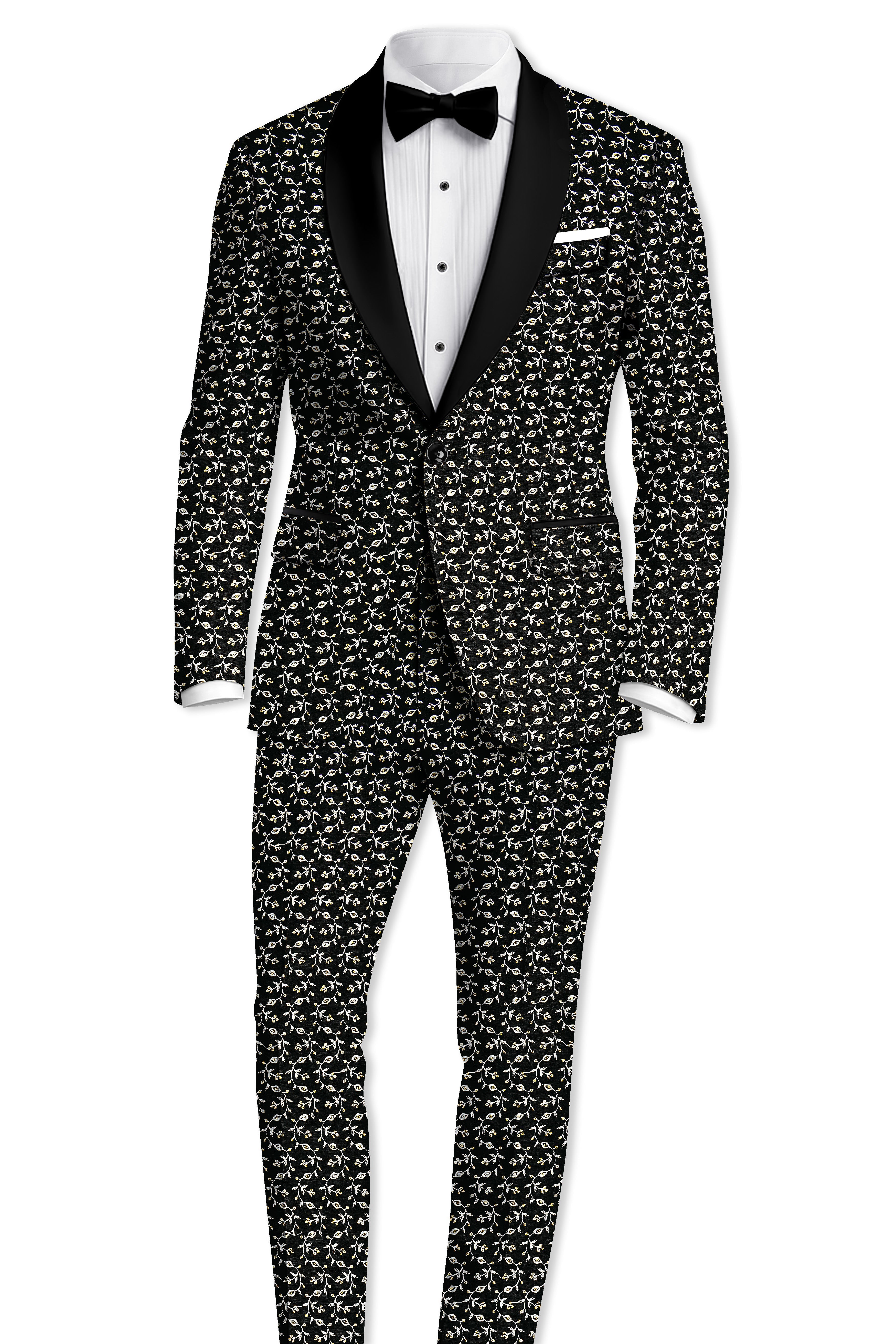 Nerquise-Jade Black Ditsy Pattern Thread and Sequin Embroidered Viscose Designer Tuxedo Suit