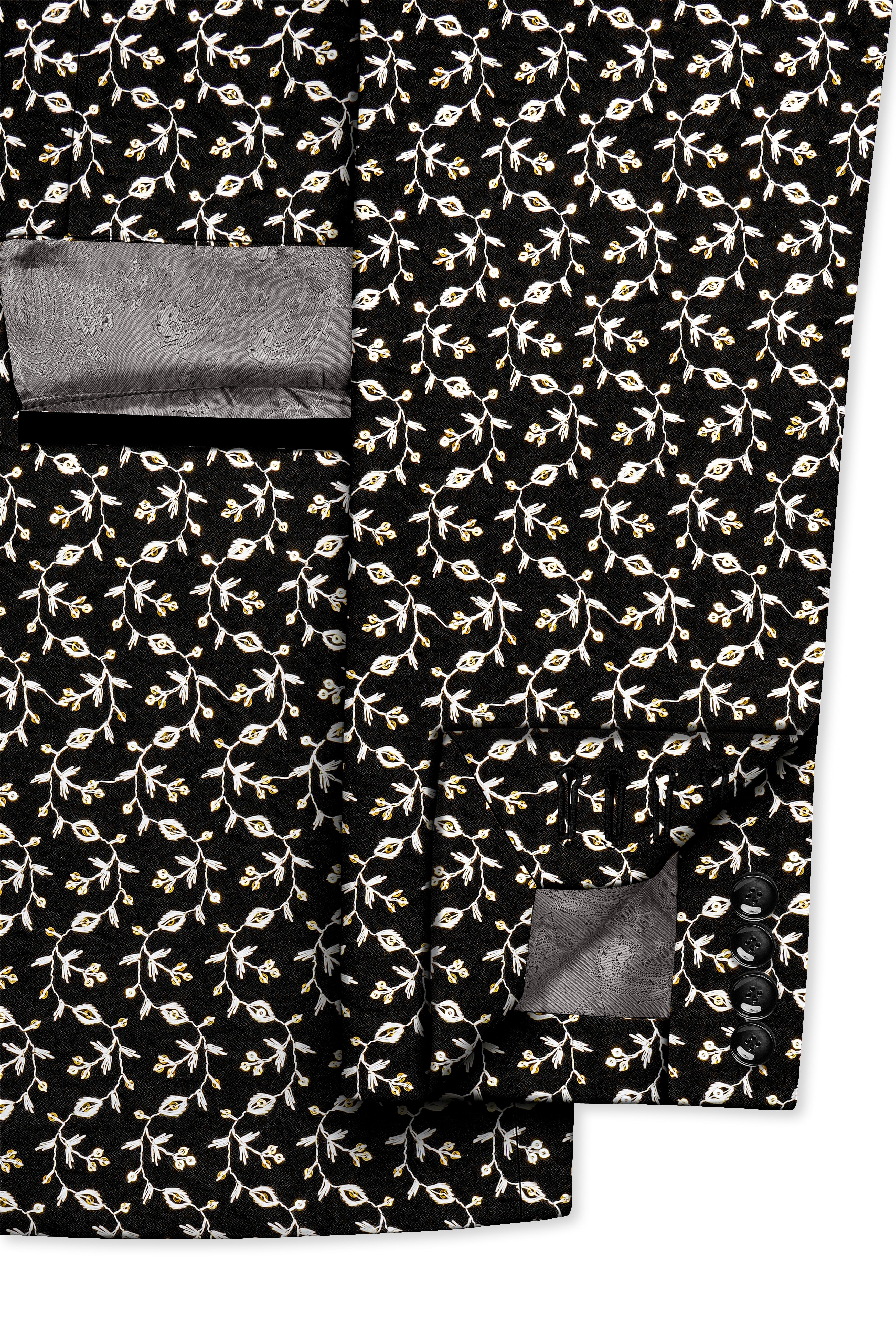Nerquise-Jade Black Ditsy Pattern Thread and Sequin Embroidered Viscose Designer Tuxedo Suit