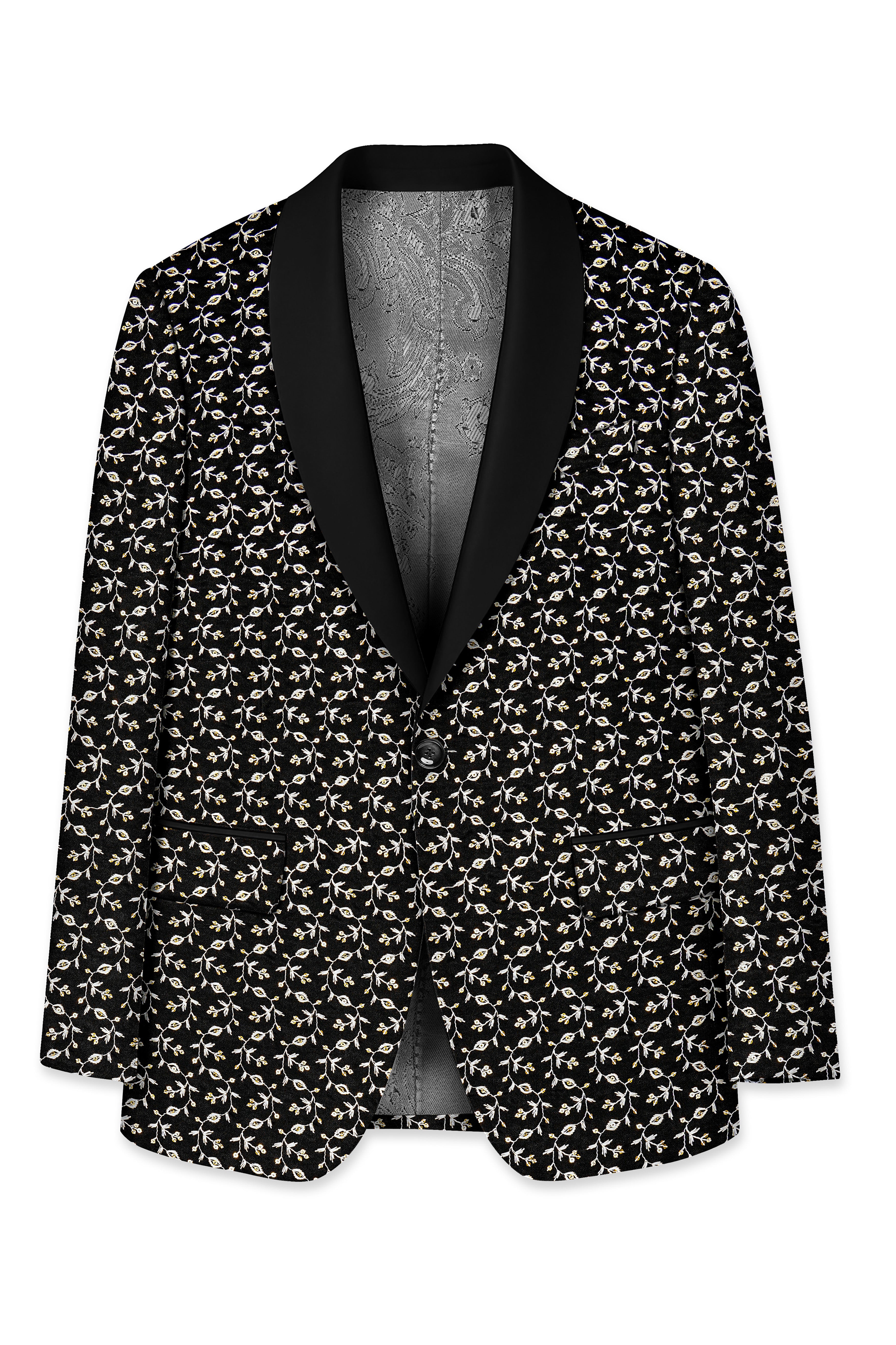Nerquise-Jade Black Ditsy Pattern Thread and Sequin Embroidered Viscose Designer Tuxedo Suit