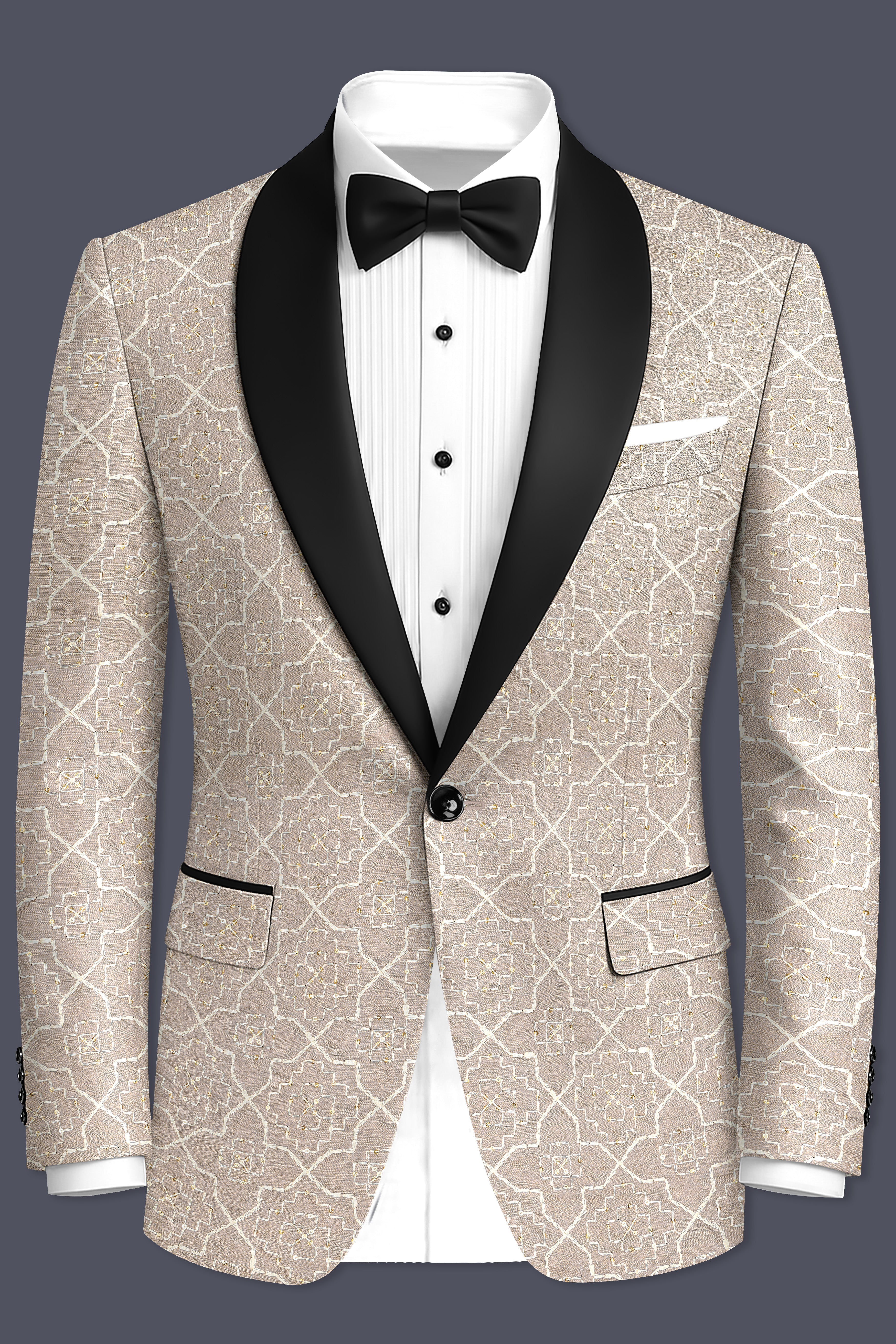Aurellis-Chalice Brown Trellis Pattern Thread and Sequin Embroidered Viscose Designer Tuxedo Suit