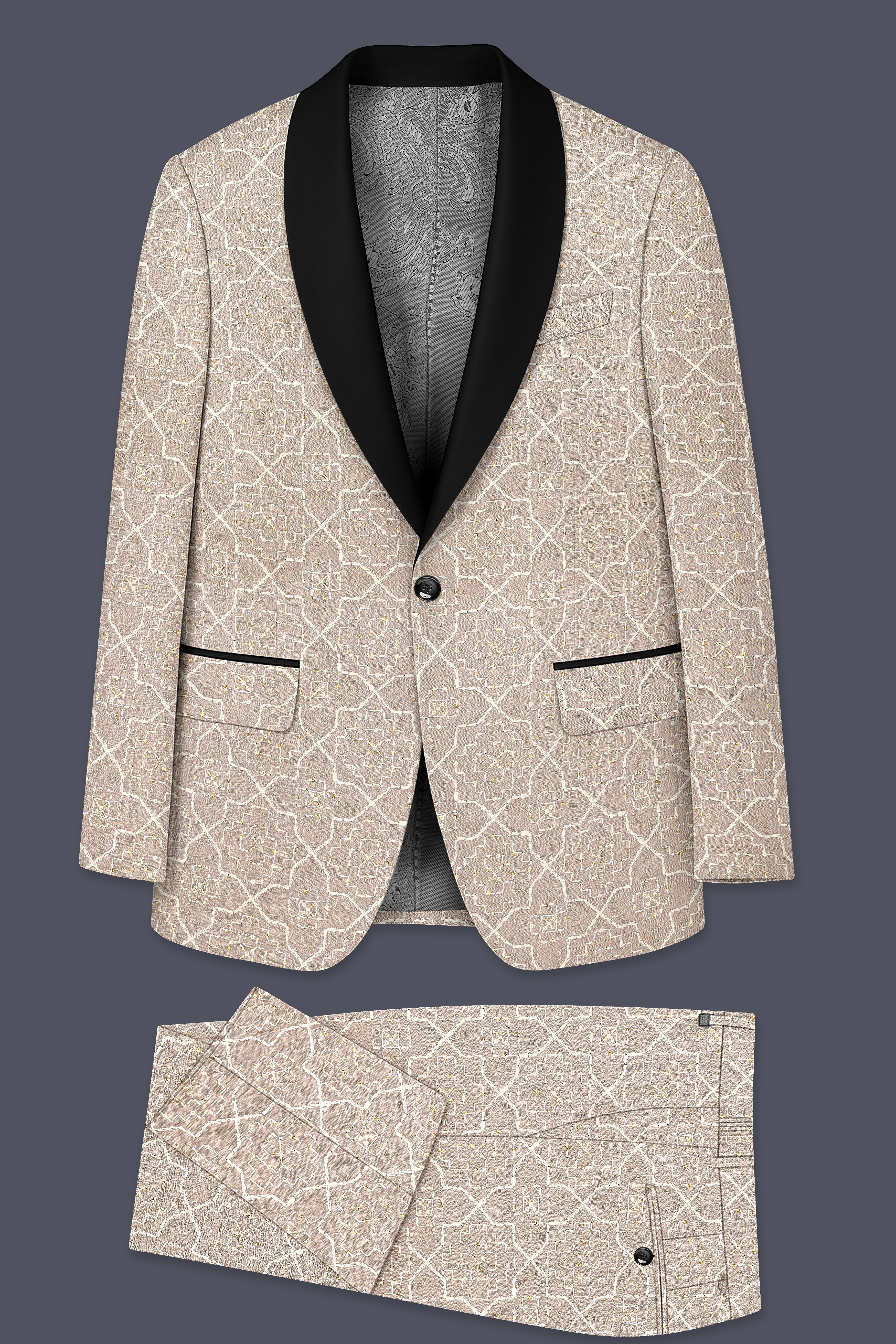 Aurellis-Chalice Brown Trellis Pattern Thread and Sequin Embroidered Viscose Designer Tuxedo Suit