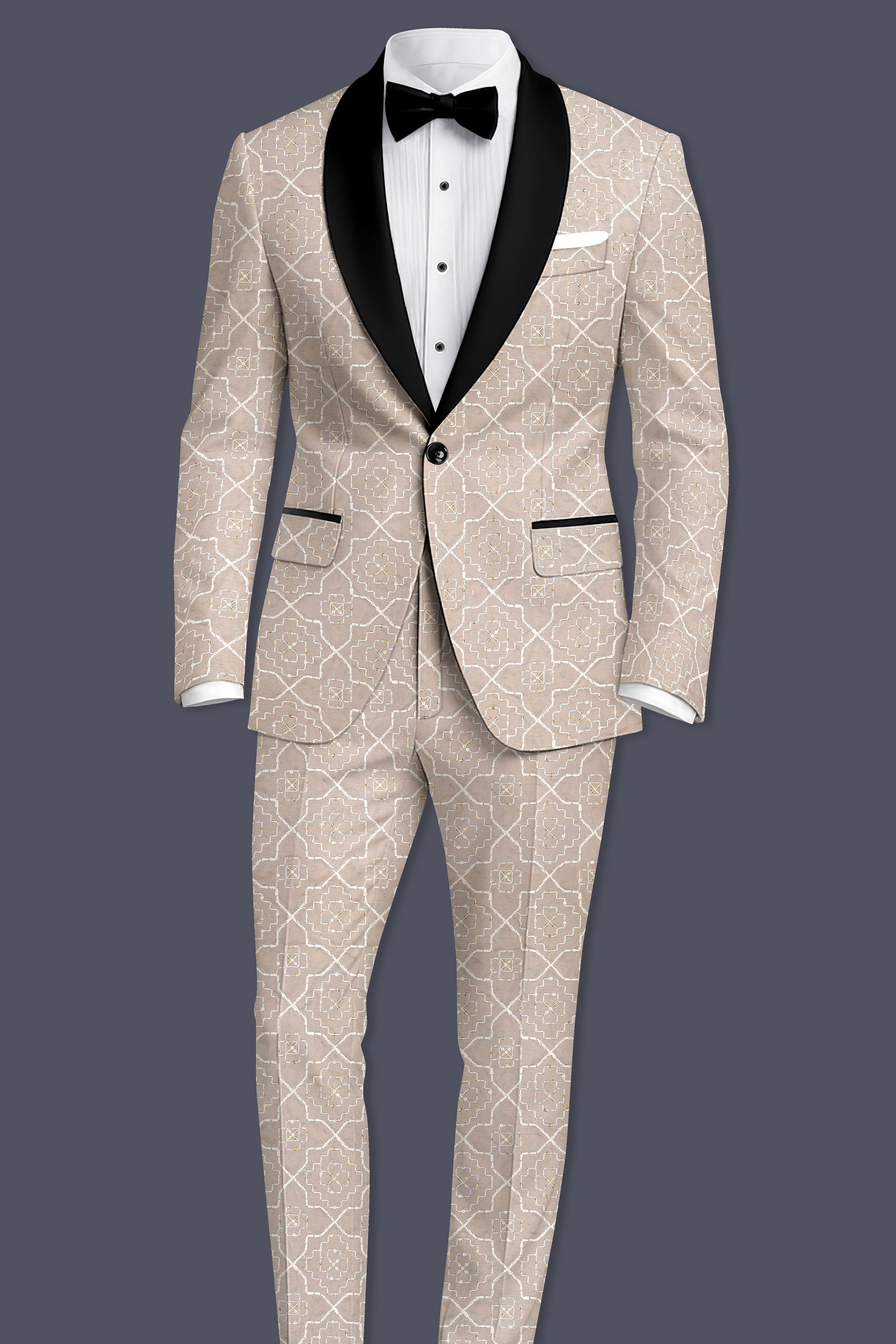 Aurellis-Chalice Brown Trellis Pattern Thread and Sequin Embroidered Viscose Designer Tuxedo Suit