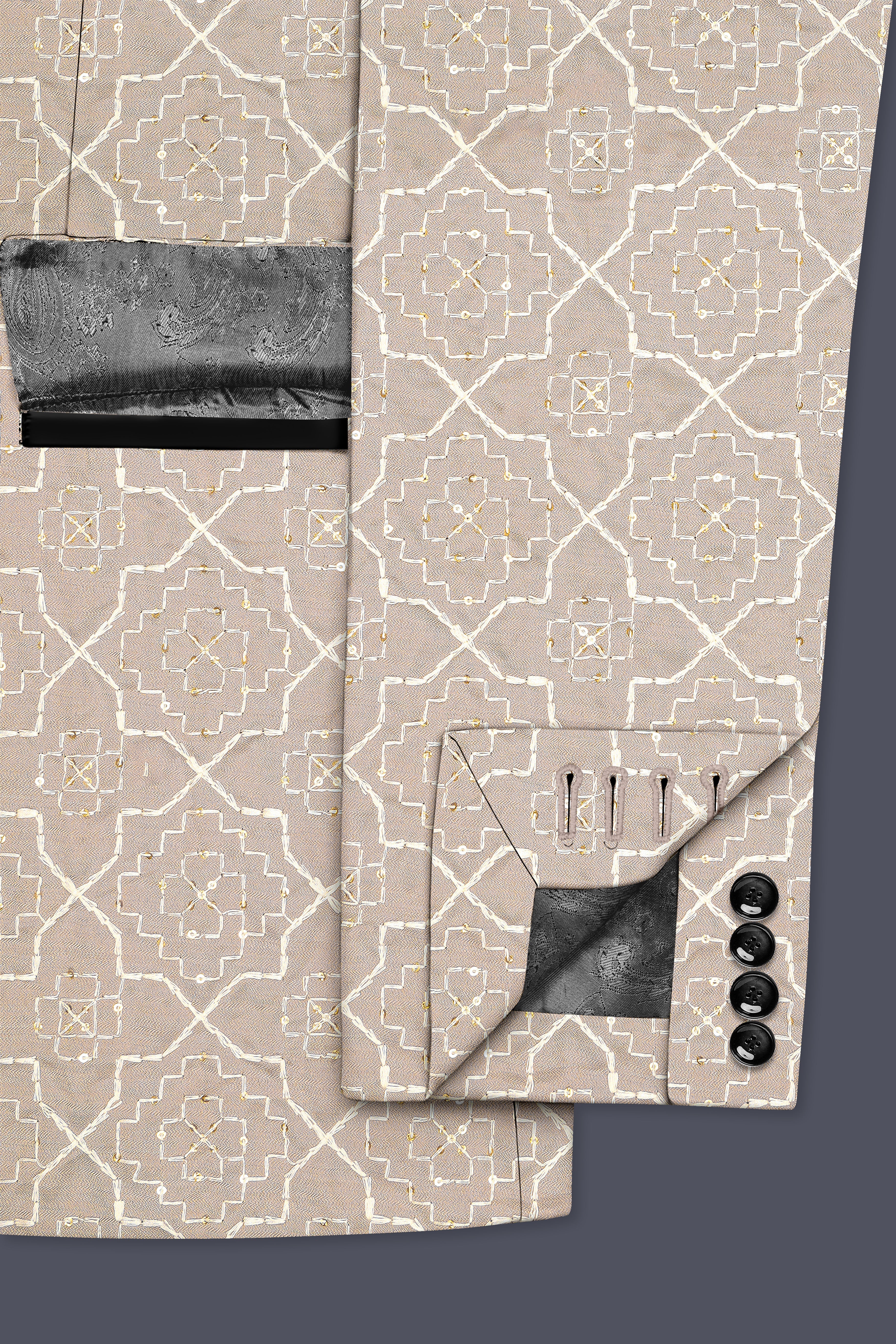 Aurellis-Chalice Brown Trellis Pattern Thread and Sequin Embroidered Viscose Designer Tuxedo Suit