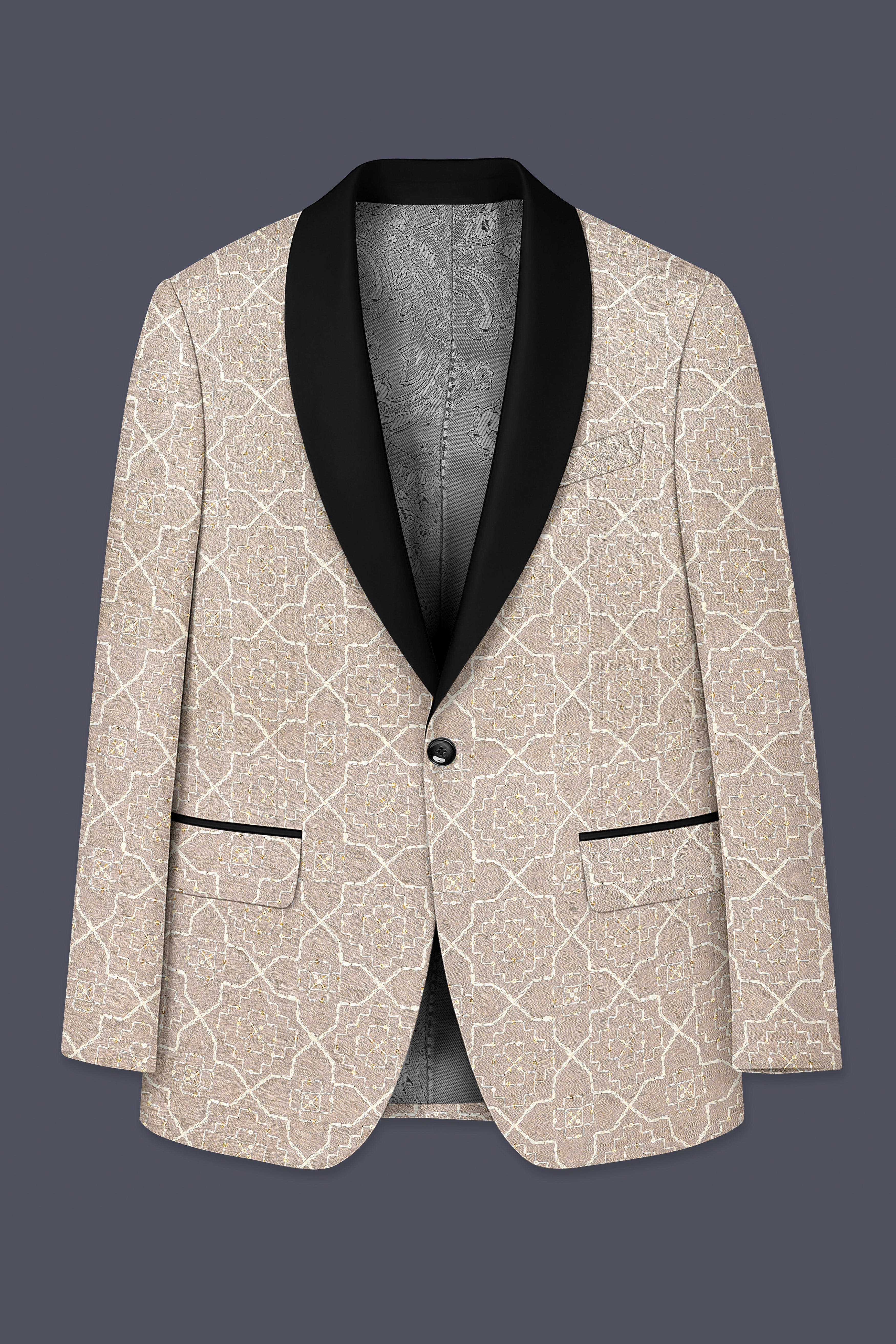 Aurellis-Chalice Brown Trellis Pattern Thread and Sequin Embroidered Viscose Designer Tuxedo Suit