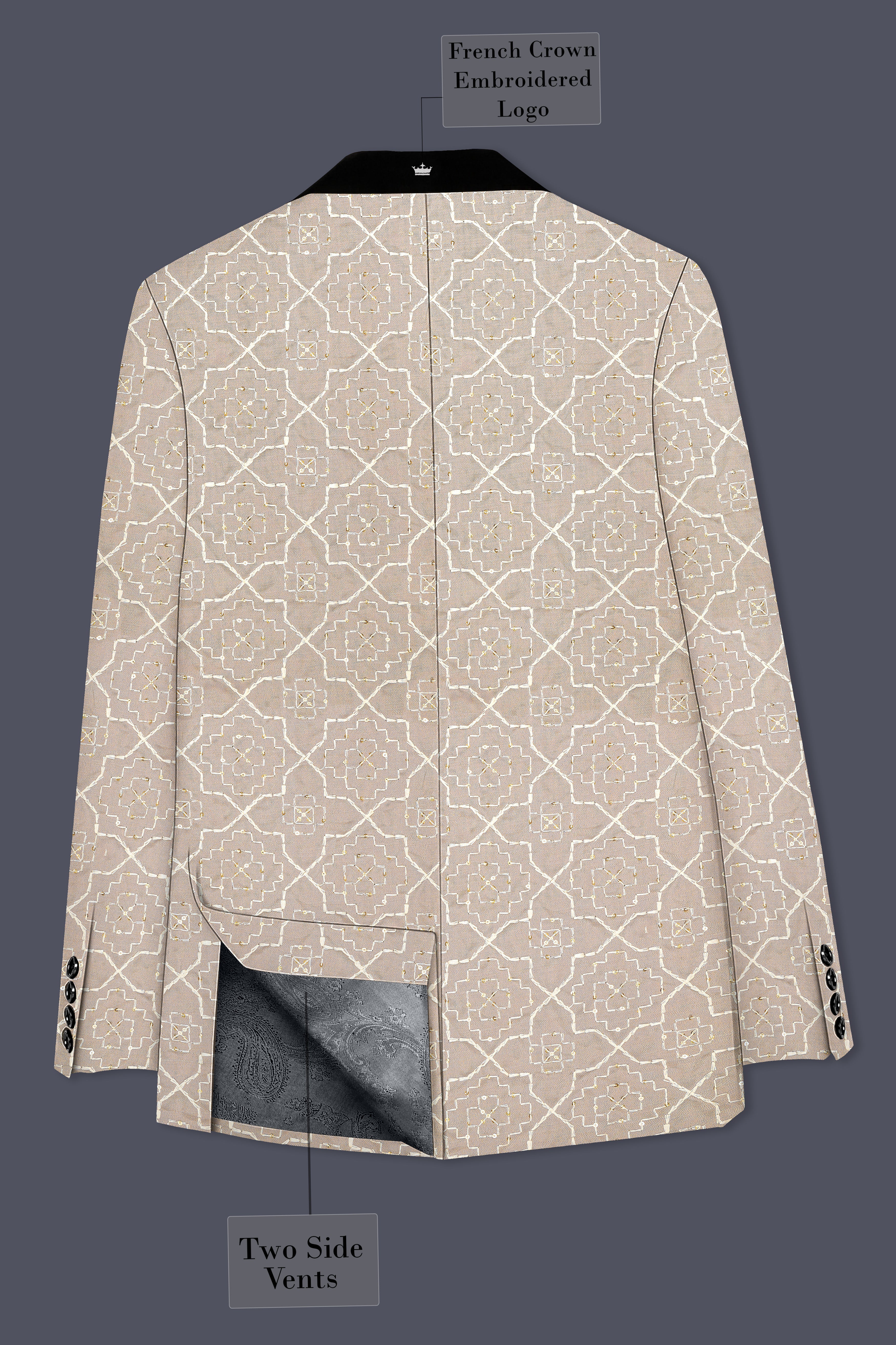 Aurellis-Chalice Brown Trellis Pattern Thread and Sequin Embroidered Viscose Designer Tuxedo Suit