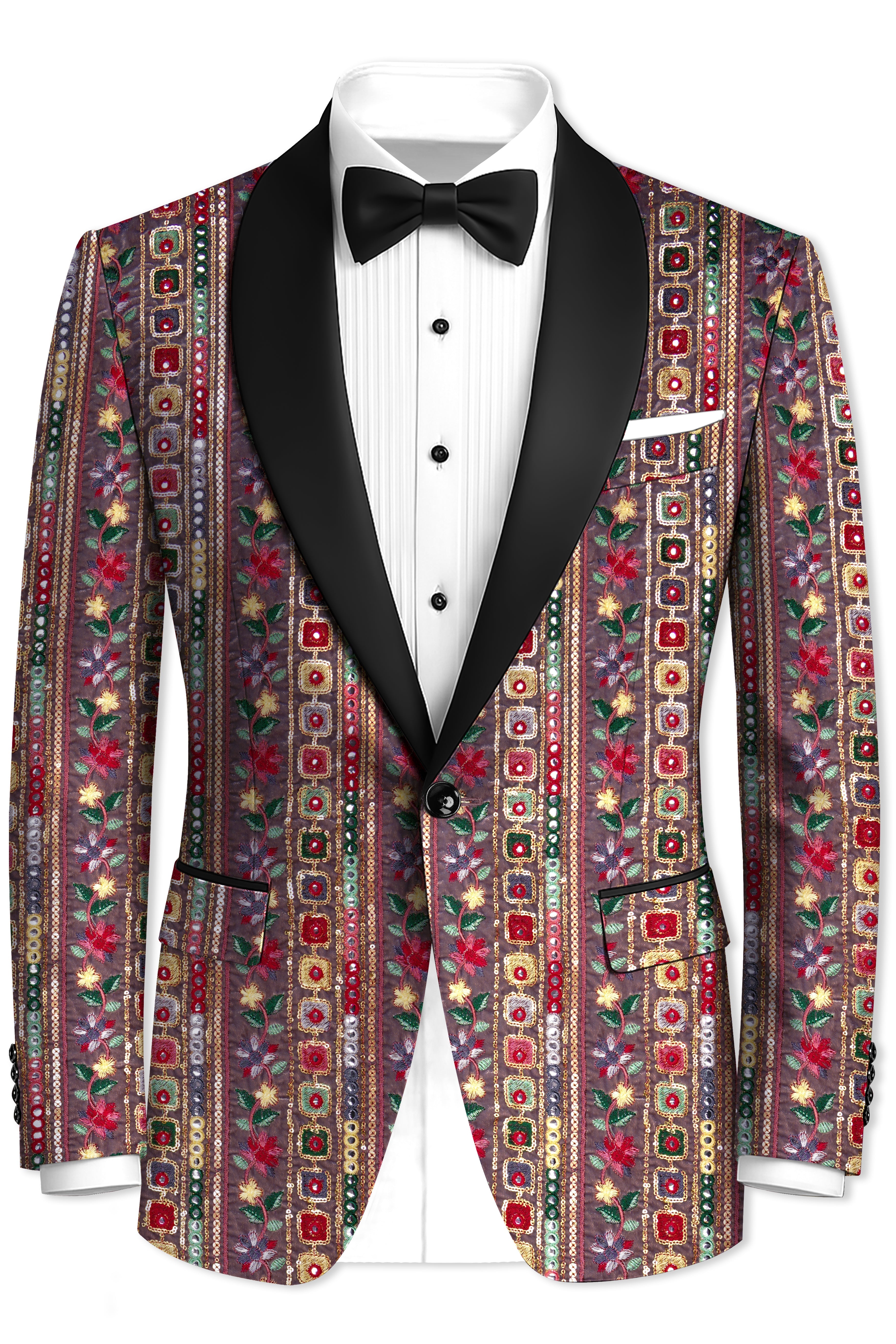 Refletta-Fedora Gray and Carmine Pink Thread and Sequin Embroidered with Mirror Work Designer Tuxedo Suit
