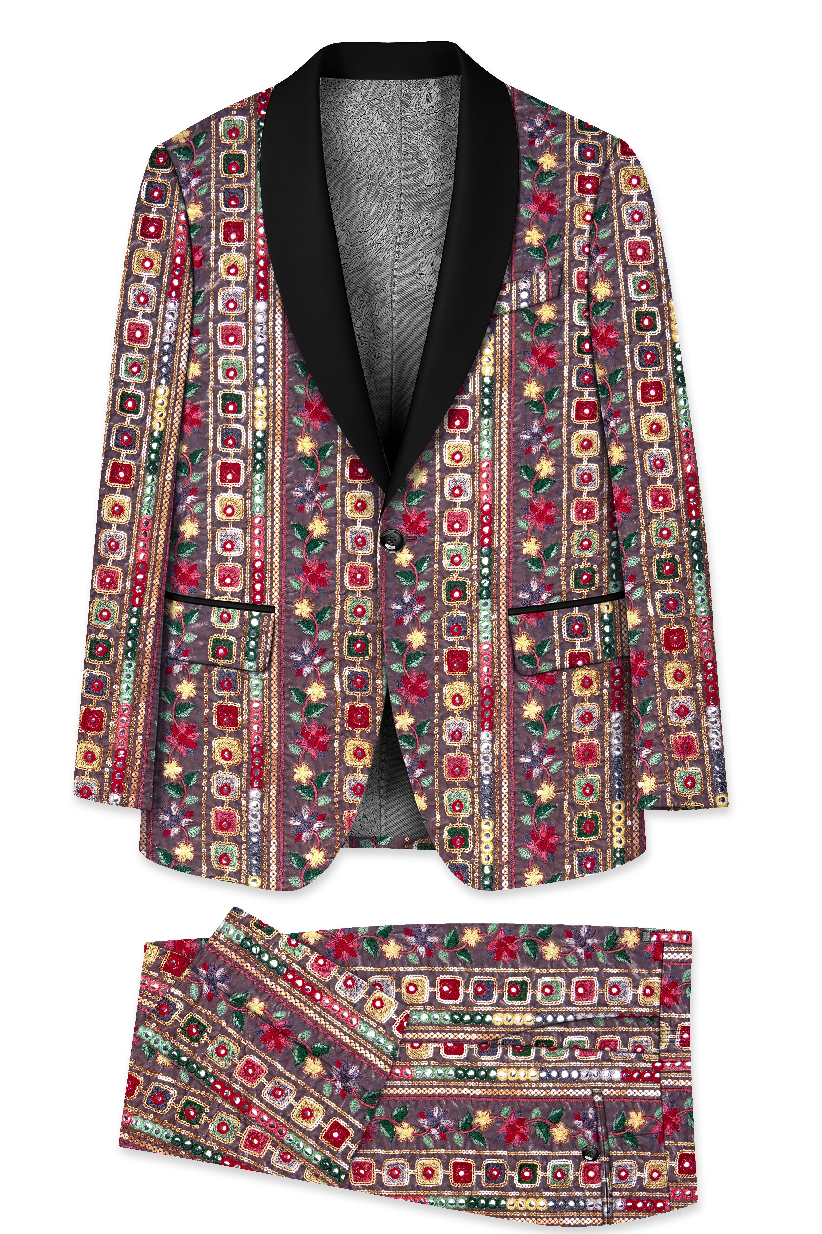 Refletta-Fedora Gray and Carmine Pink Thread and Sequin Embroidered with Mirror Work Designer Tuxedo Suit