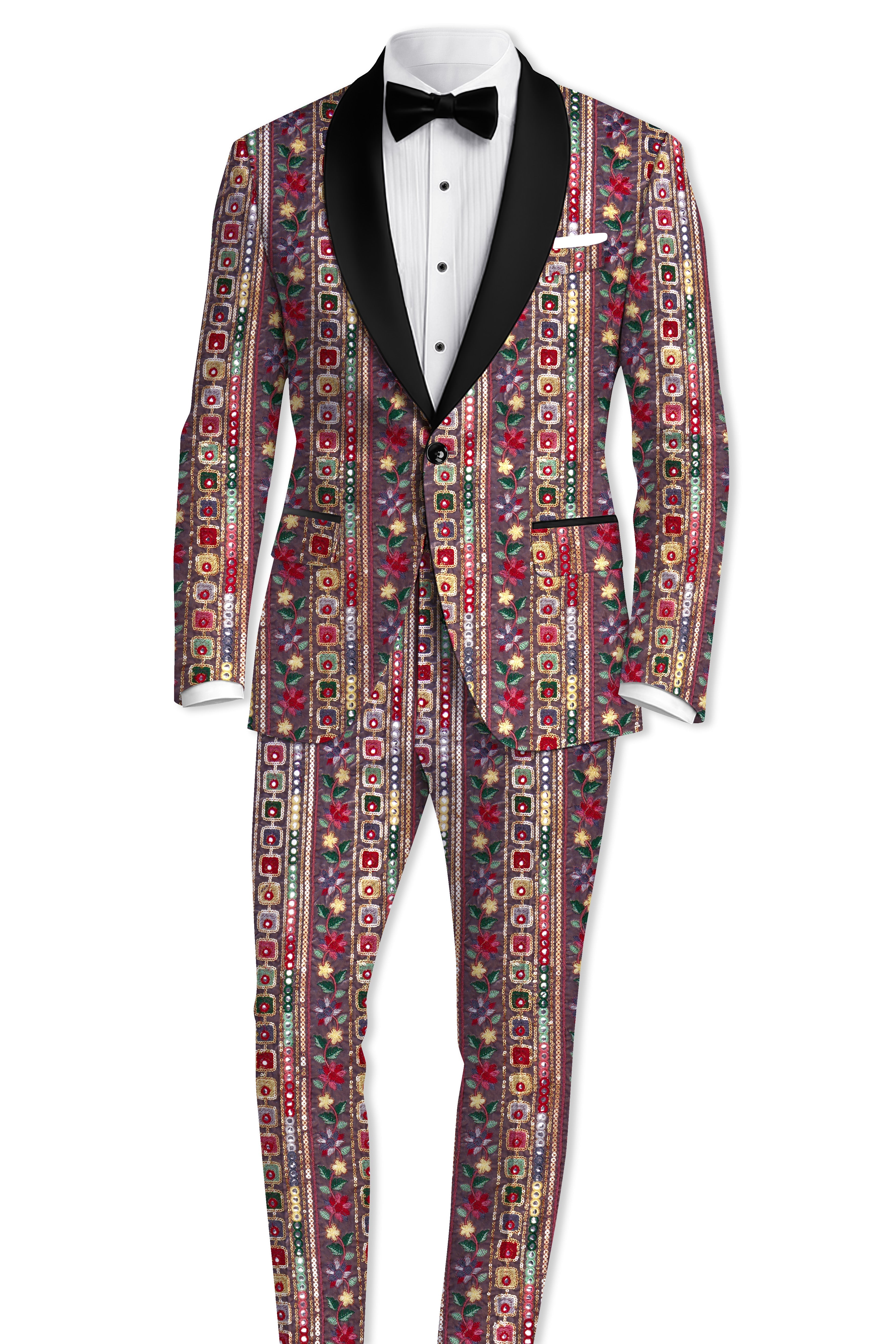 Refletta-Fedora Gray and Carmine Pink Thread and Sequin Embroidered with Mirror Work Designer Tuxedo Suit