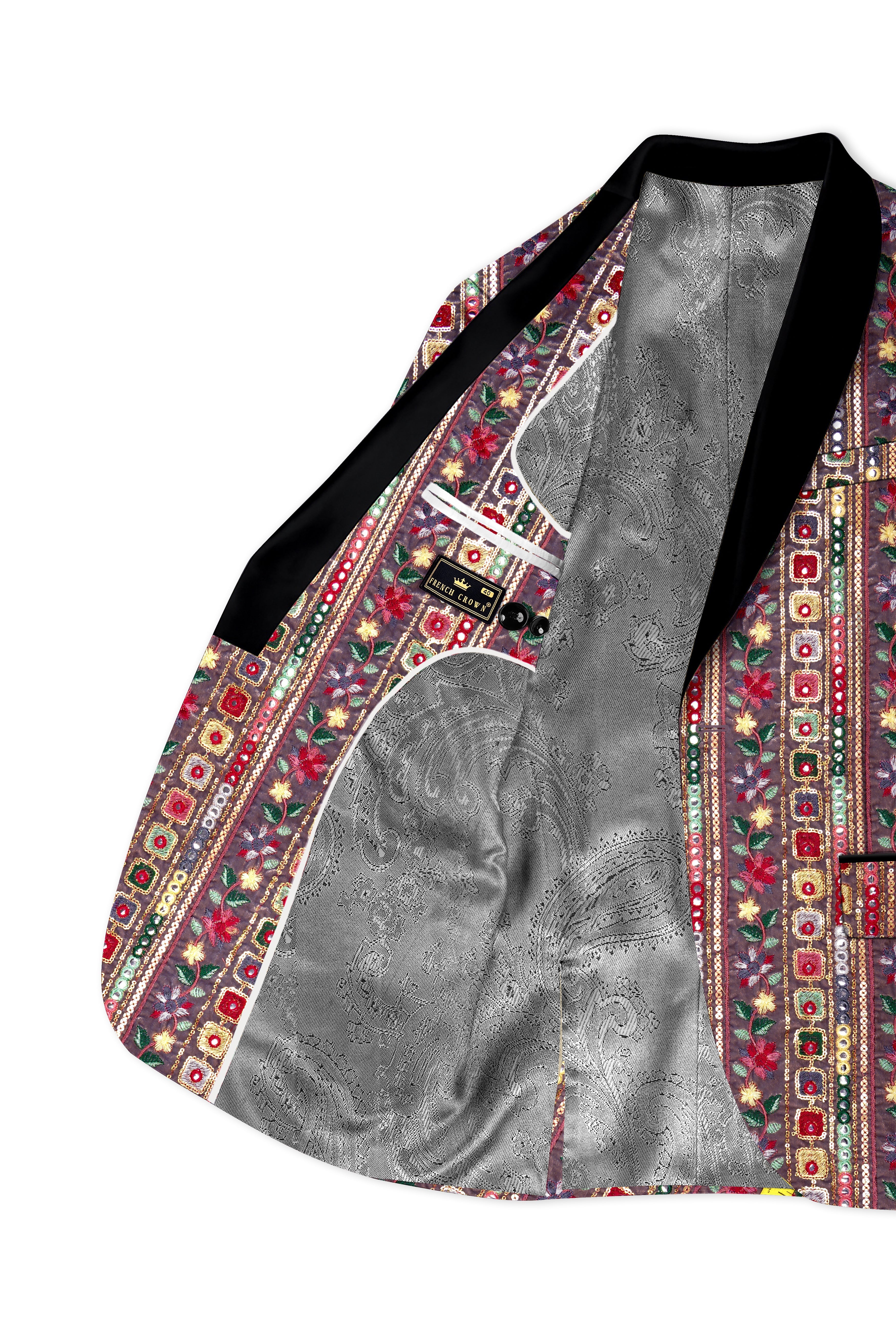 Refletta-Fedora Gray and Carmine Pink Thread and Sequin Embroidered with Mirror Work Designer Tuxedo Suit
