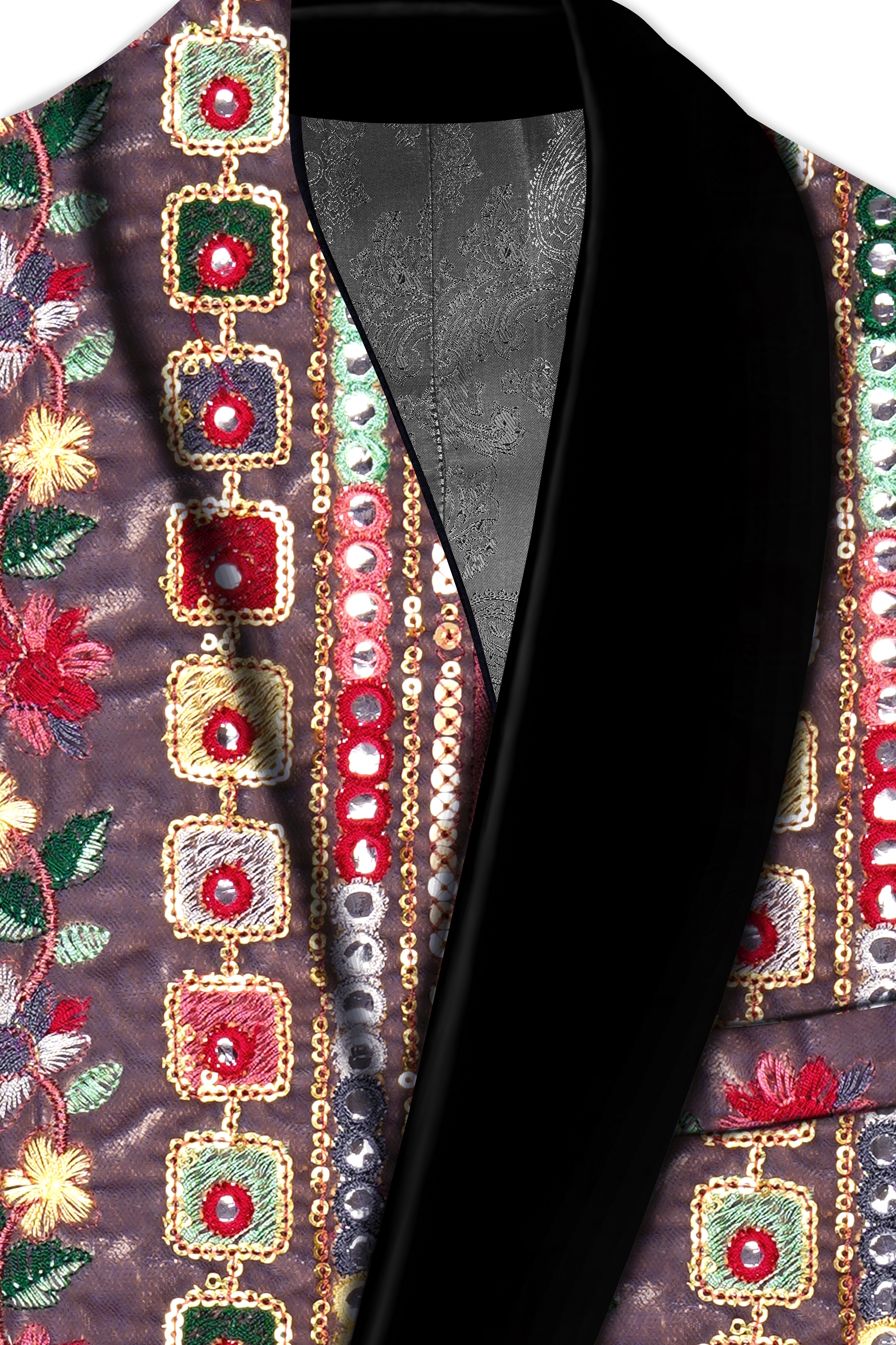 Refletta-Fedora Gray and Carmine Pink Thread and Sequin Embroidered with Mirror Work Designer Tuxedo Suit