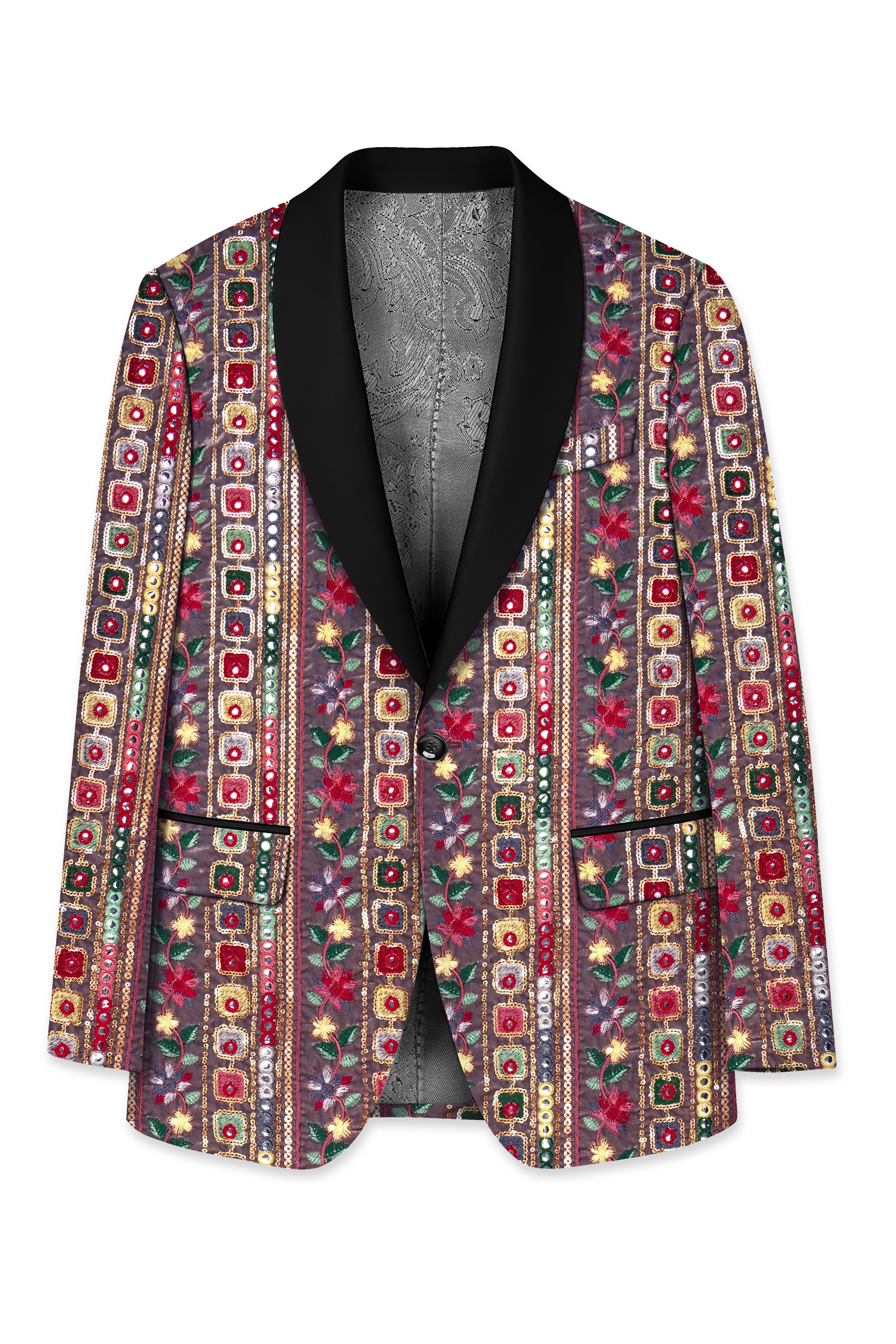 Refletta-Fedora Gray and Carmine Pink Thread and Sequin Embroidered with Mirror Work Designer Tuxedo Suit