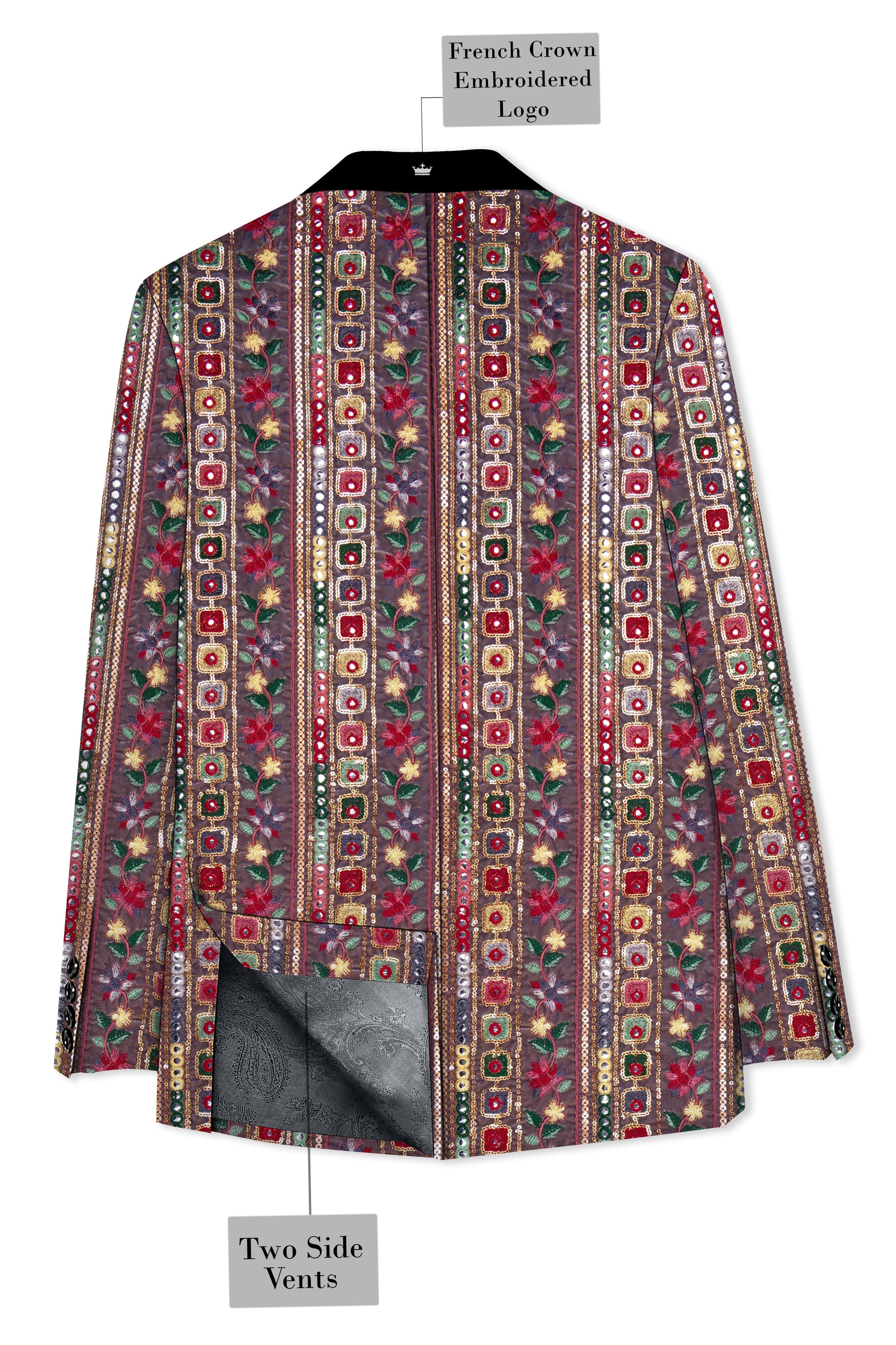 Refletta-Fedora Gray and Carmine Pink Thread and Sequin Embroidered with Mirror Work Designer Tuxedo Suit