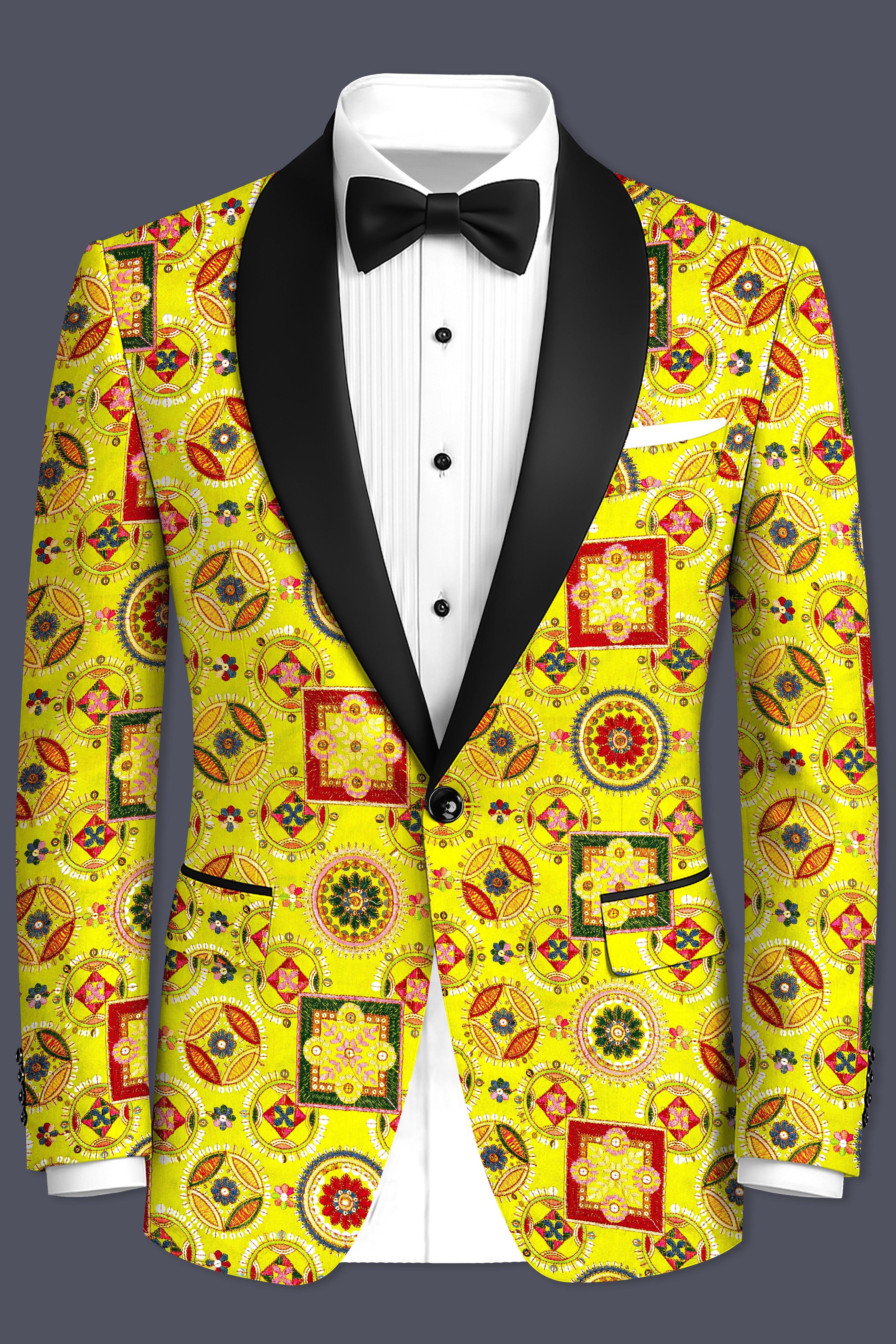 Coutflora-Custard Yellow Multicolour Cotton Thread Embroidered Designer Tuxedo Suit