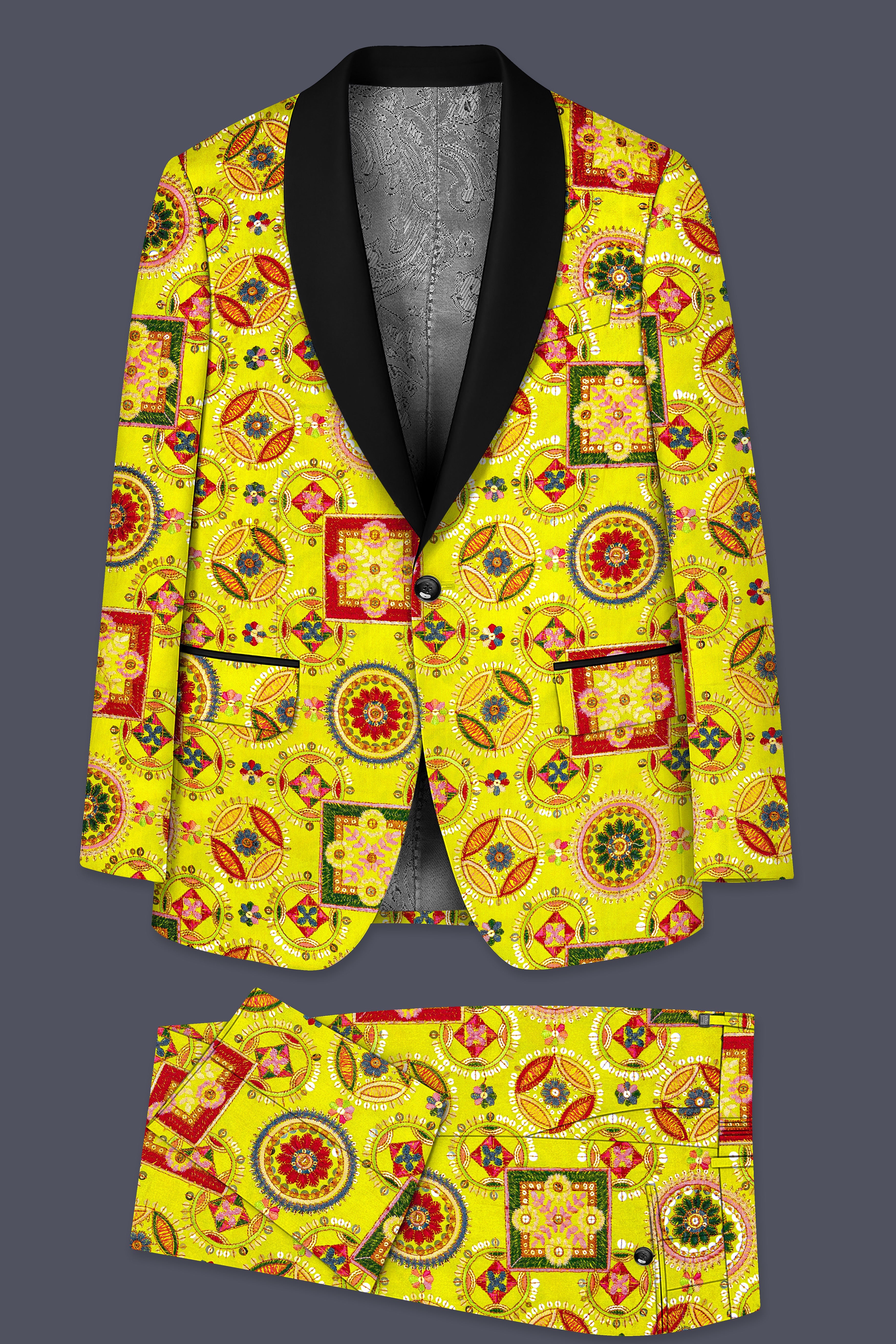 Coutflora-Custard Yellow Multicolour Cotton Thread Embroidered Designer Tuxedo Suit