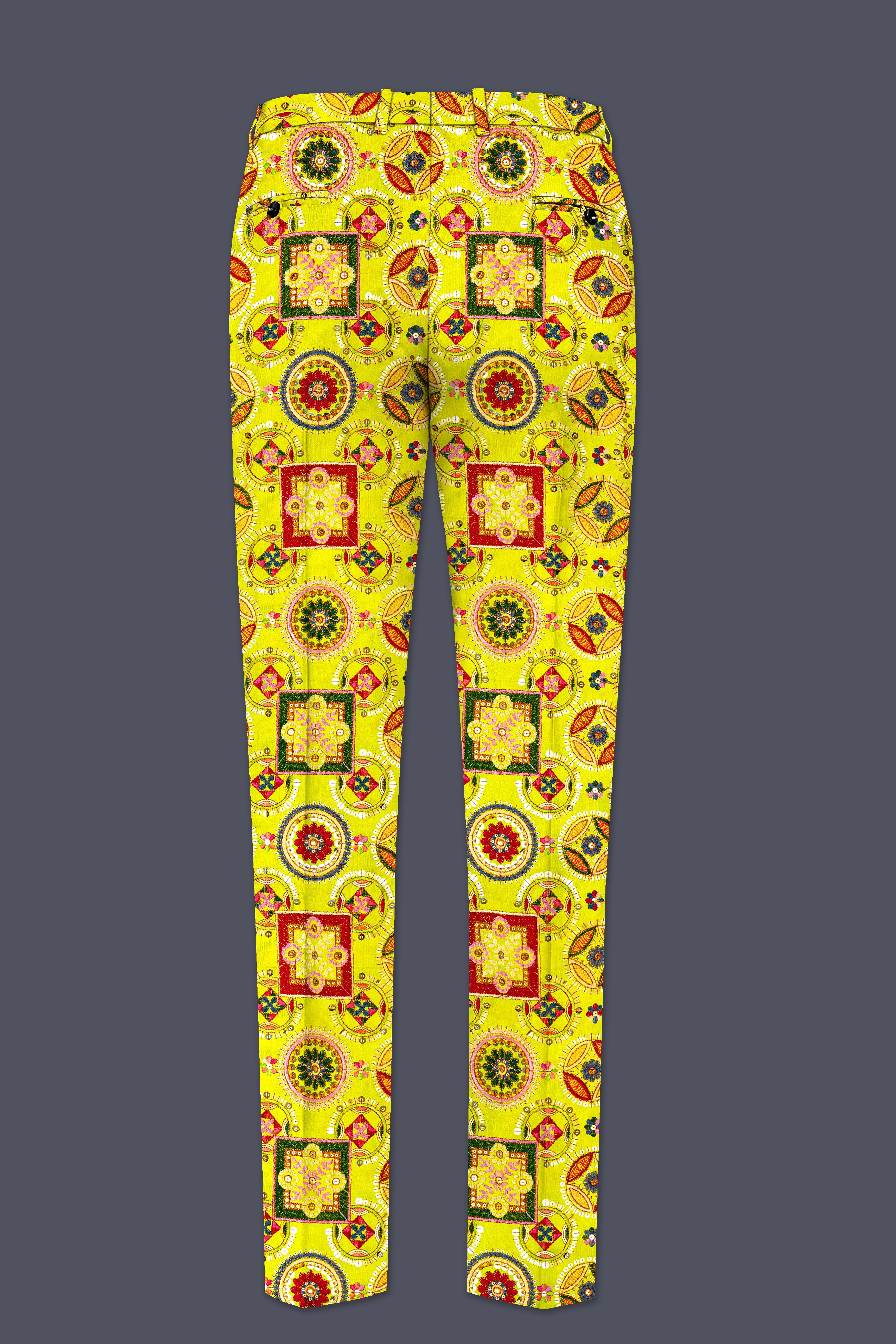 Coutflora-Custard Yellow Multicolour Cotton Thread Embroidered Designer Tuxedo Suit