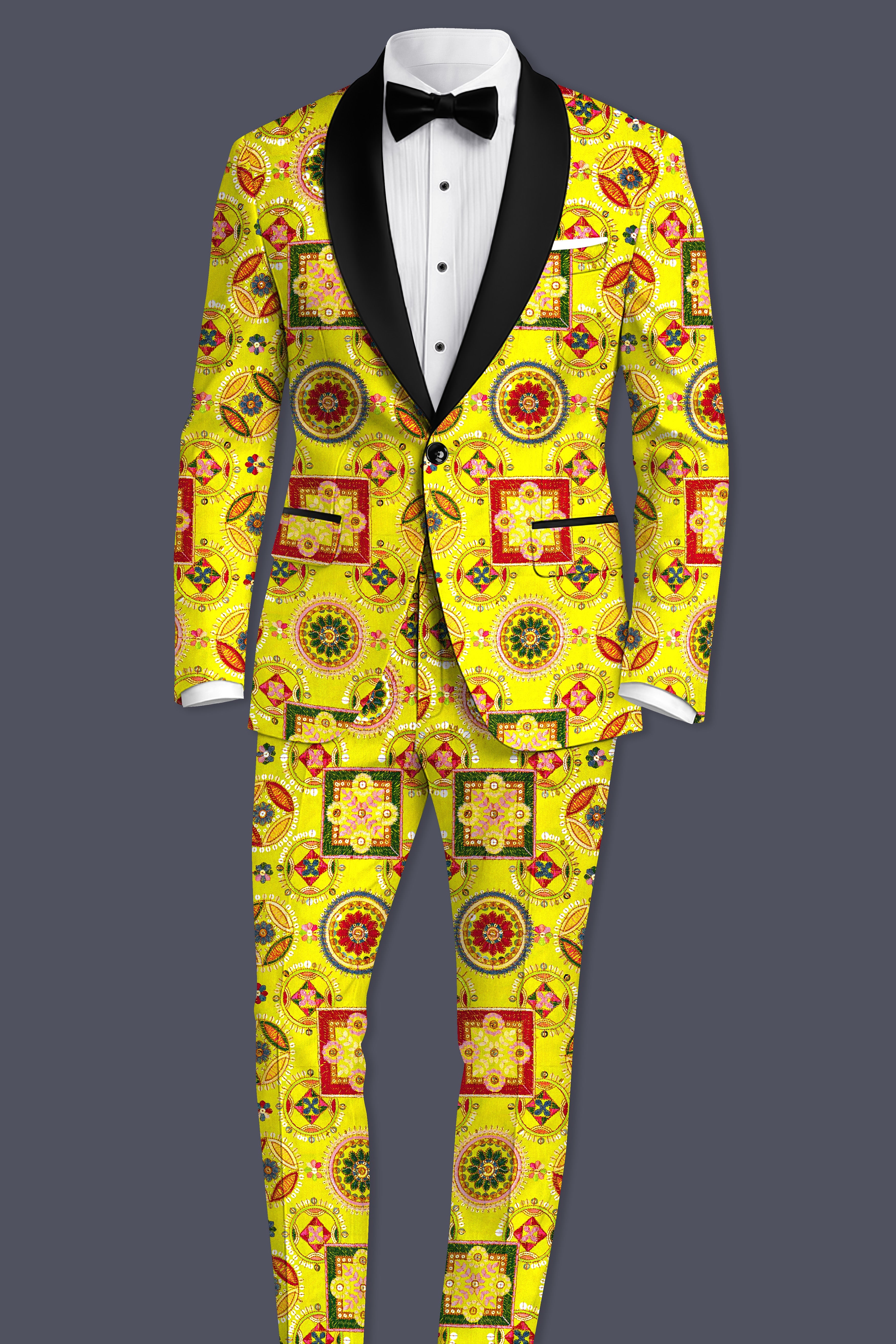 Coutflora-Custard Yellow Multicolour Cotton Thread Embroidered Designer Tuxedo Suit