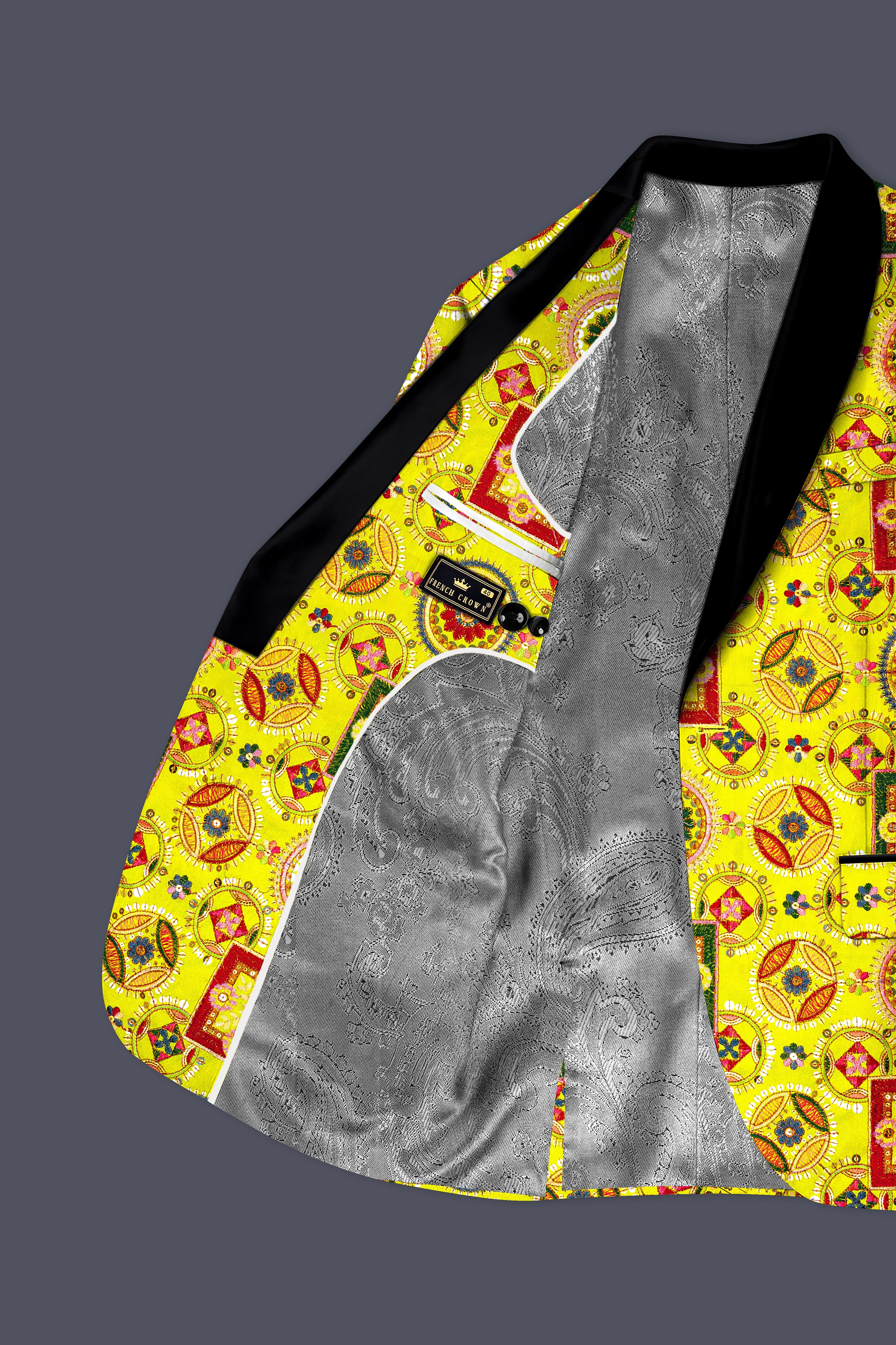 Coutflora-Custard Yellow Multicolour Cotton Thread Embroidered Designer Tuxedo Suit