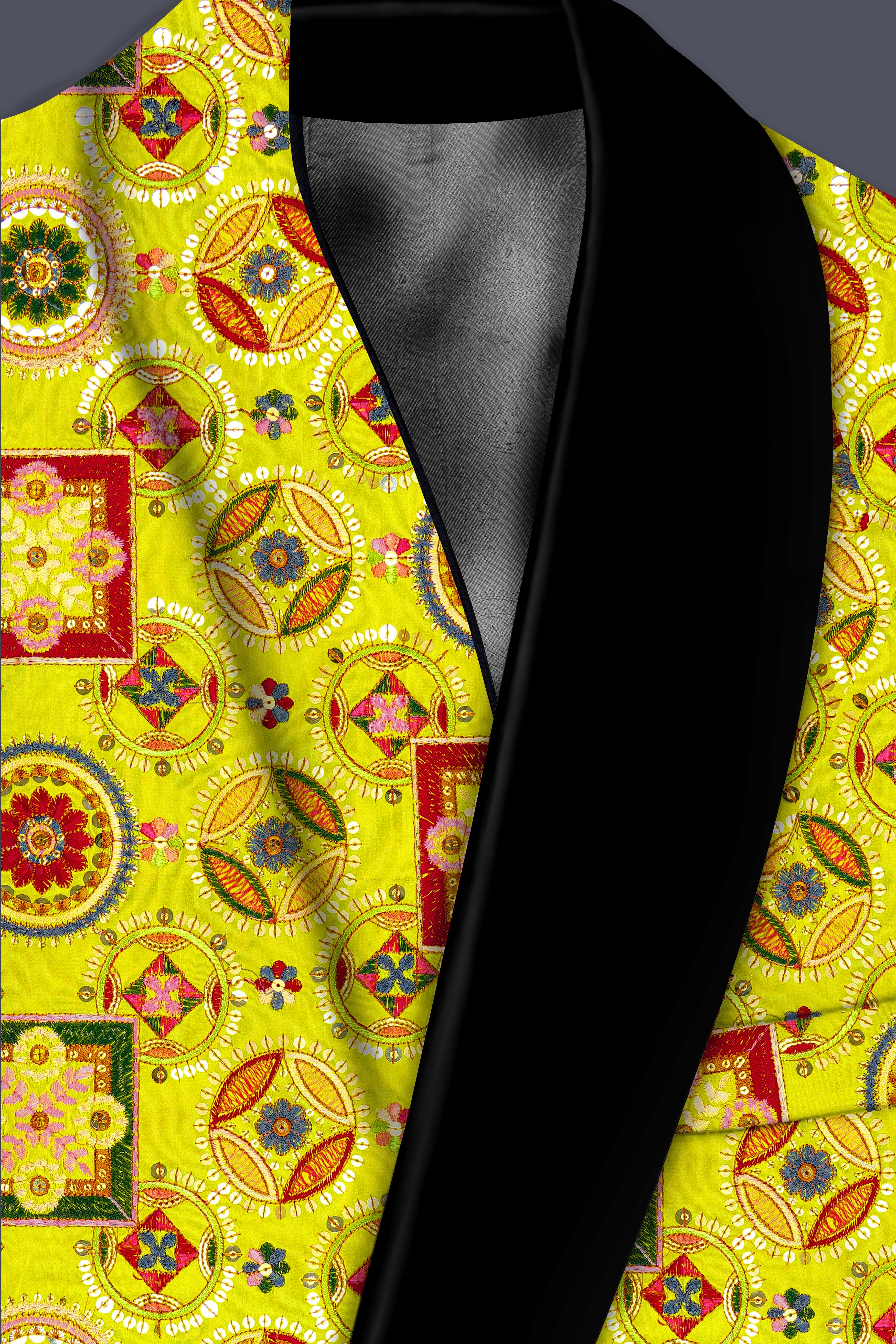Coutflora-Custard Yellow Multicolour Cotton Thread Embroidered Designer Tuxedo Suit