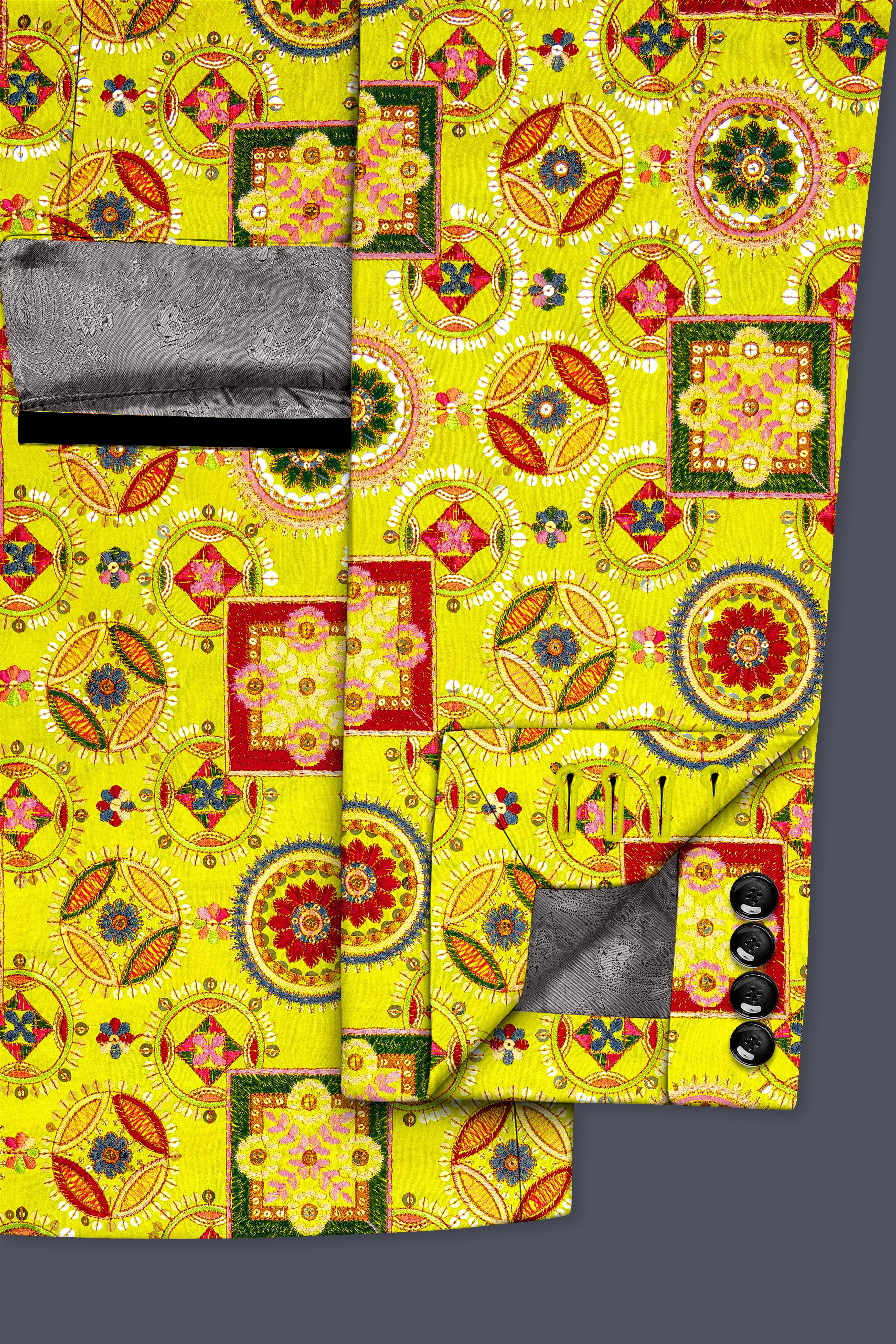 Coutflora-Custard Yellow Multicolour Cotton Thread Embroidered Designer Tuxedo Suit