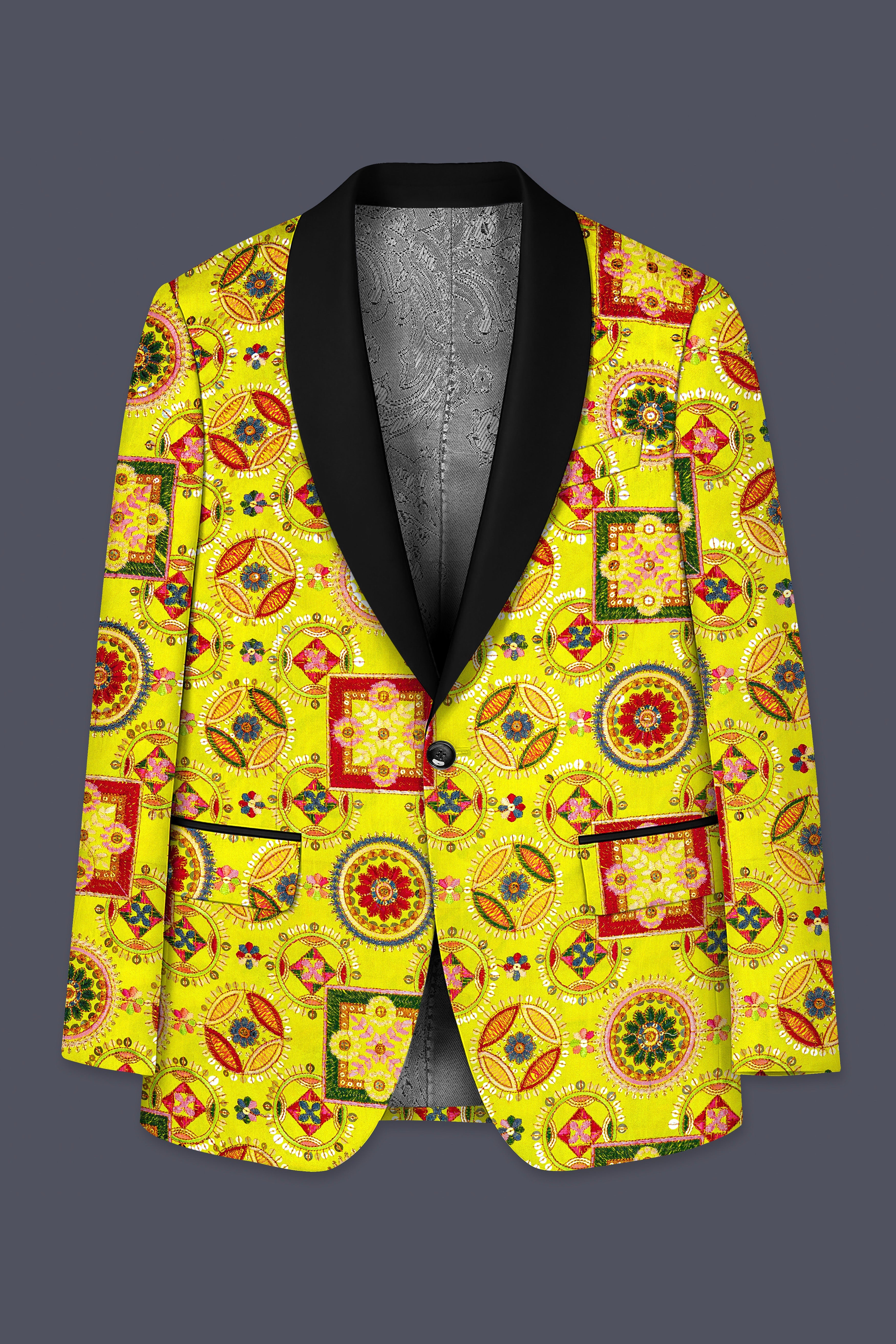 Coutflora-Custard Yellow Multicolour Cotton Thread Embroidered Designer Tuxedo Suit