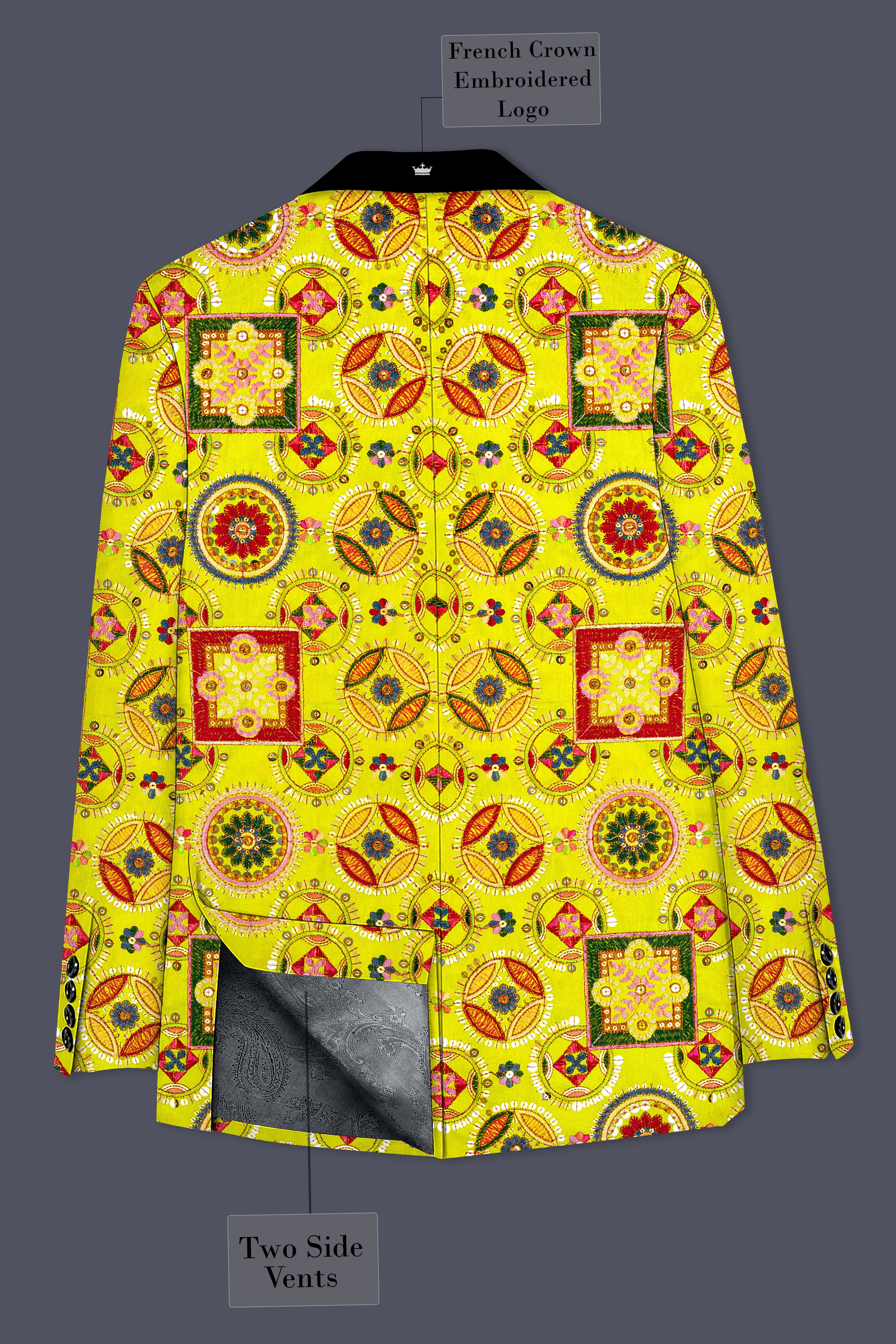 Coutflora-Custard Yellow Multicolour Cotton Thread Embroidered Designer Tuxedo Suit