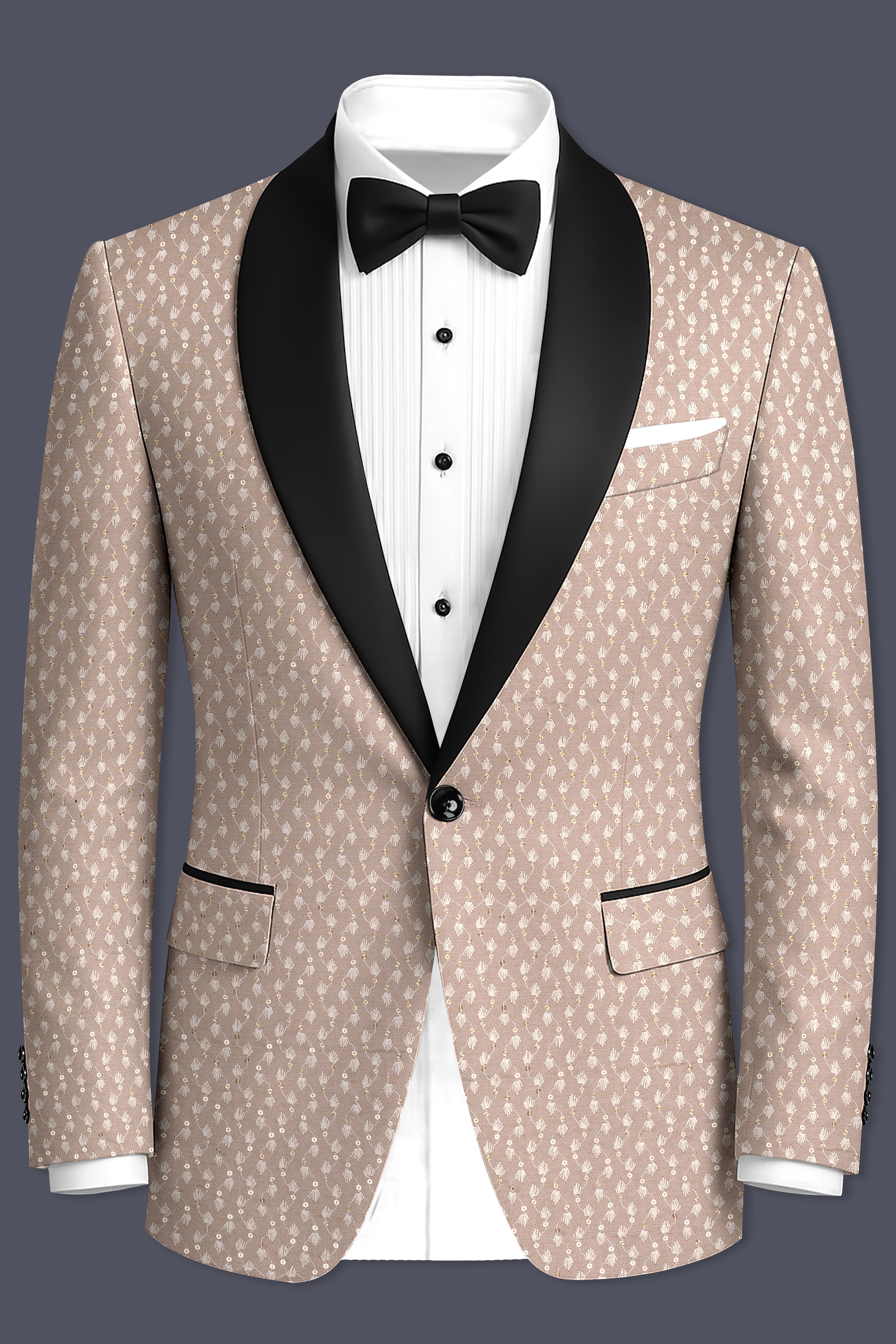 Brunora-Clam Shell Brown Embroidered Viscose Designer Tuxedo Suit
