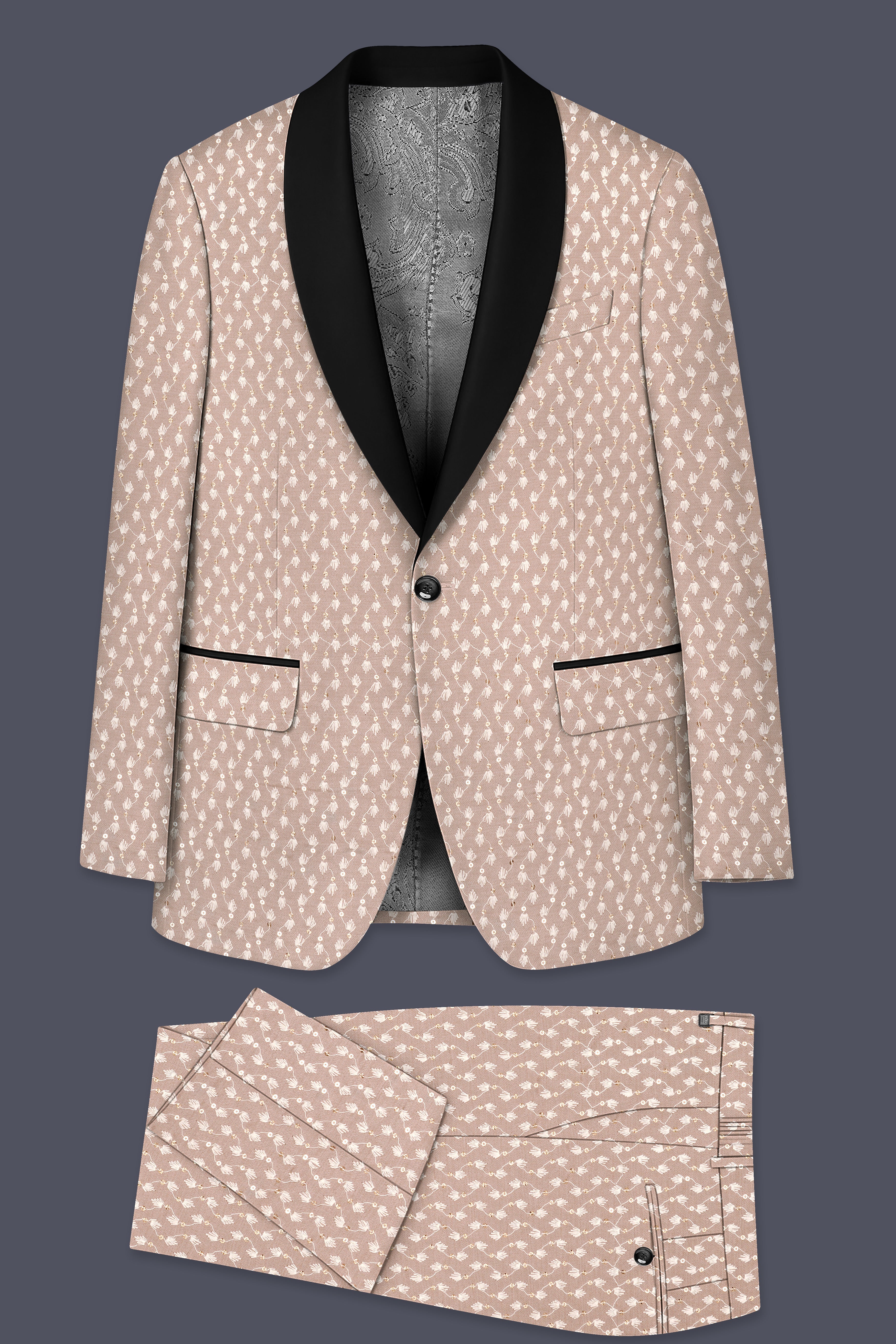 Brunora-Clam Shell Brown Embroidered Viscose Designer Tuxedo Suit
