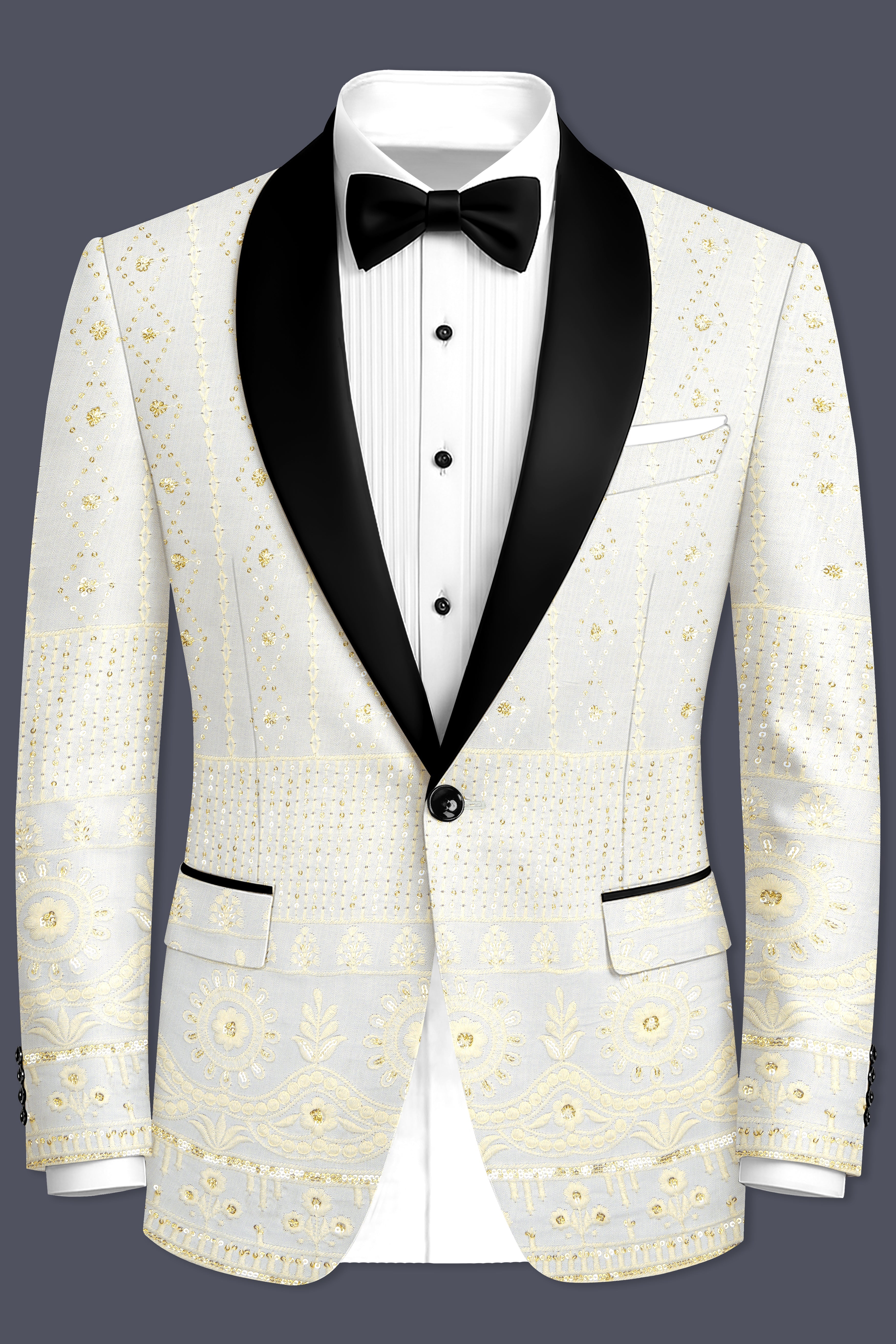 Aurevia-Albescent Cream With Sequin Embroidered Designer Tuxedo Suit