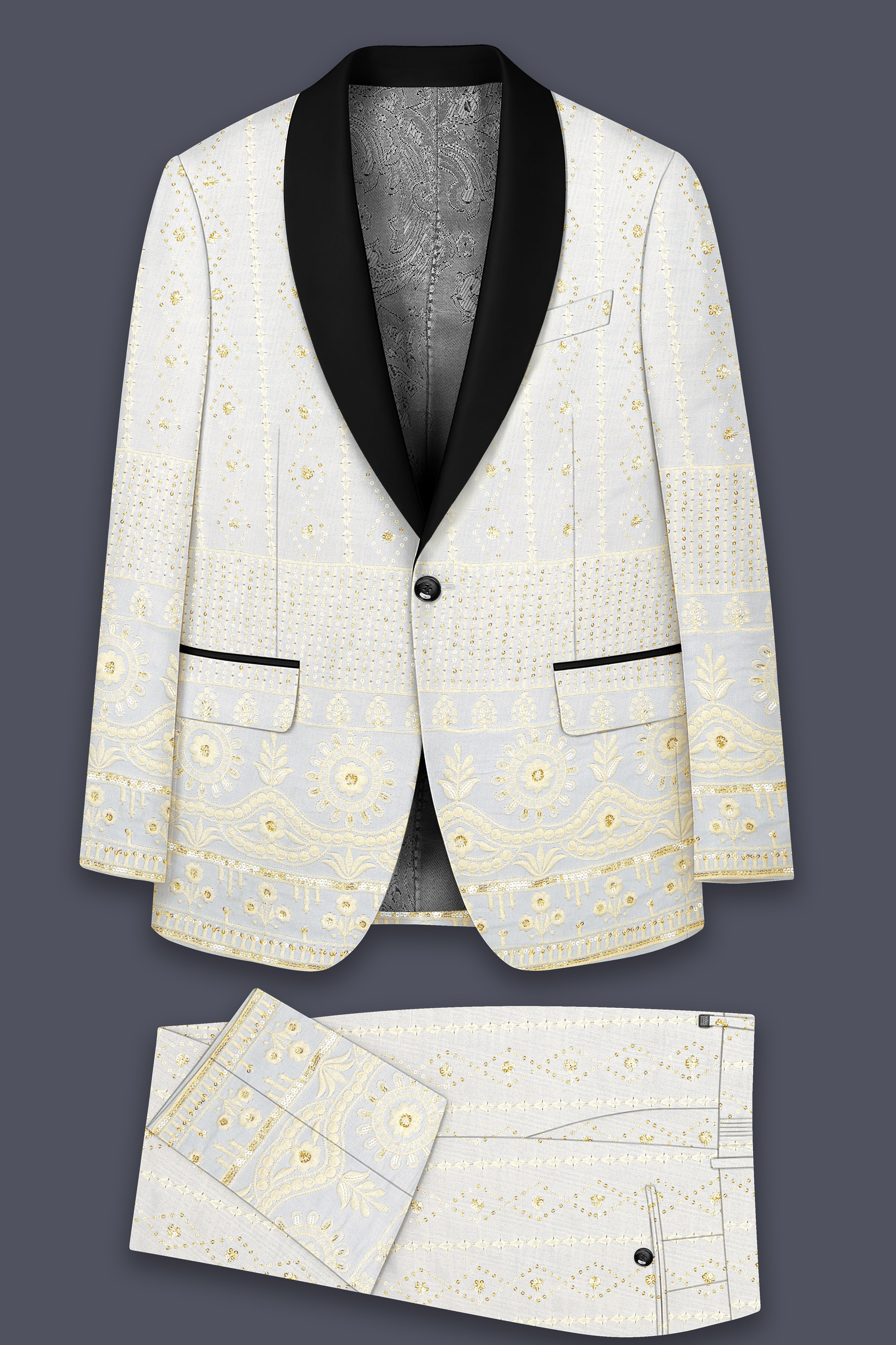 Aurevia-Albescent Cream With Sequin Embroidered Designer Tuxedo Suit