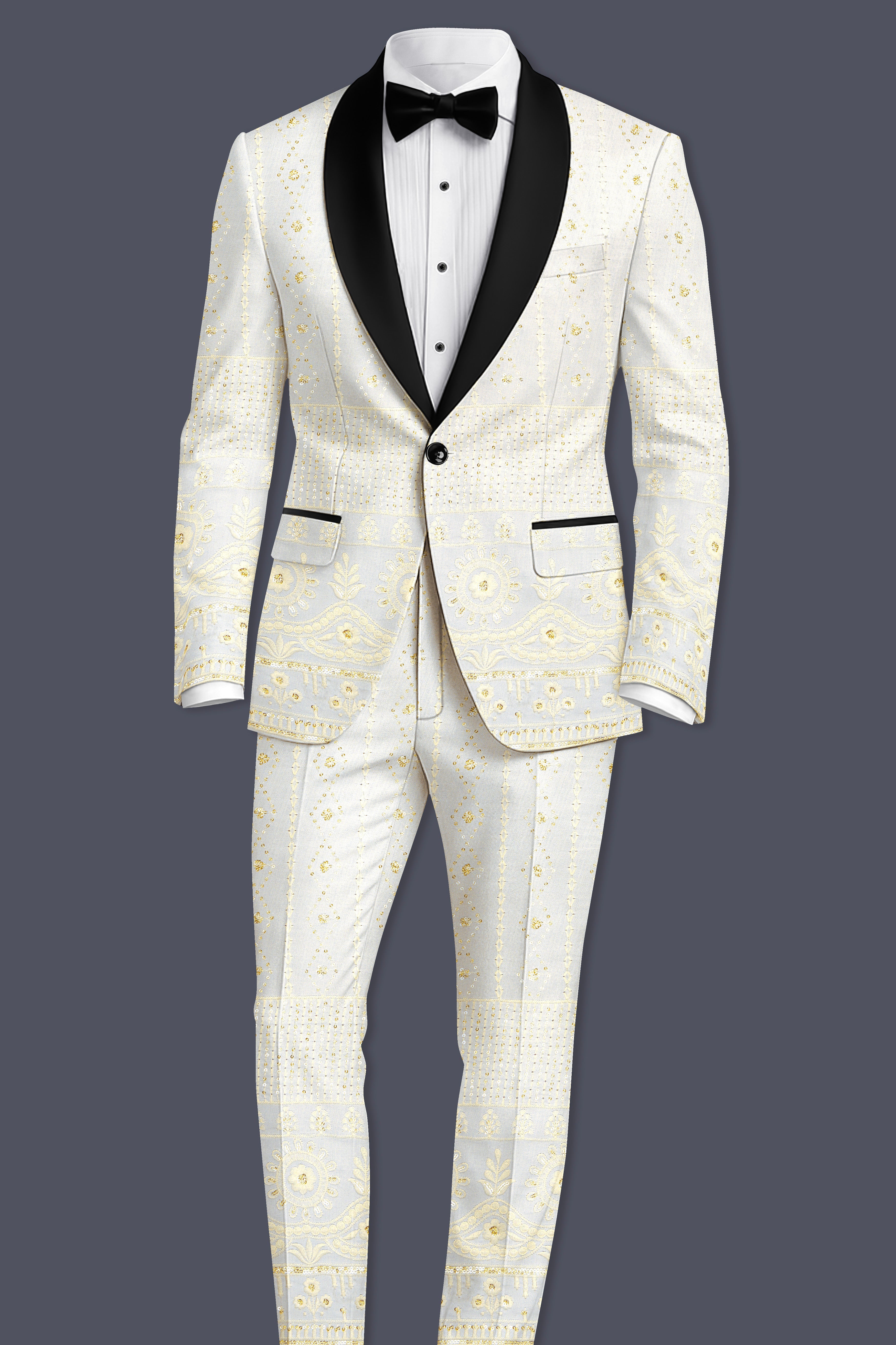 Aurevia-Albescent Cream With Sequin Embroidered Designer Tuxedo Suit