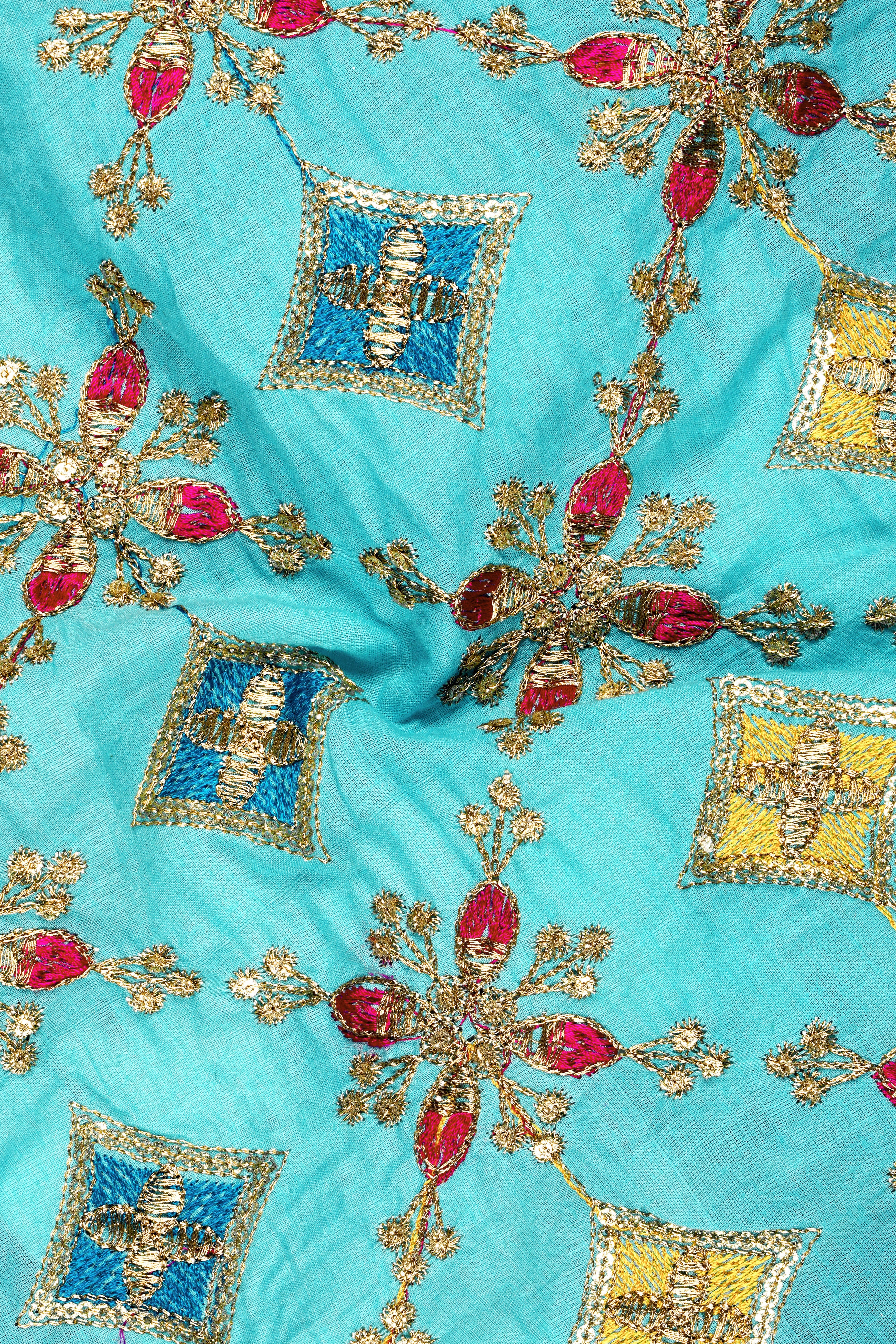 Rosavon-Cyan Blue and Charm Pink Floral Cotton Thread Embroidered Designer Tuxedo Suit