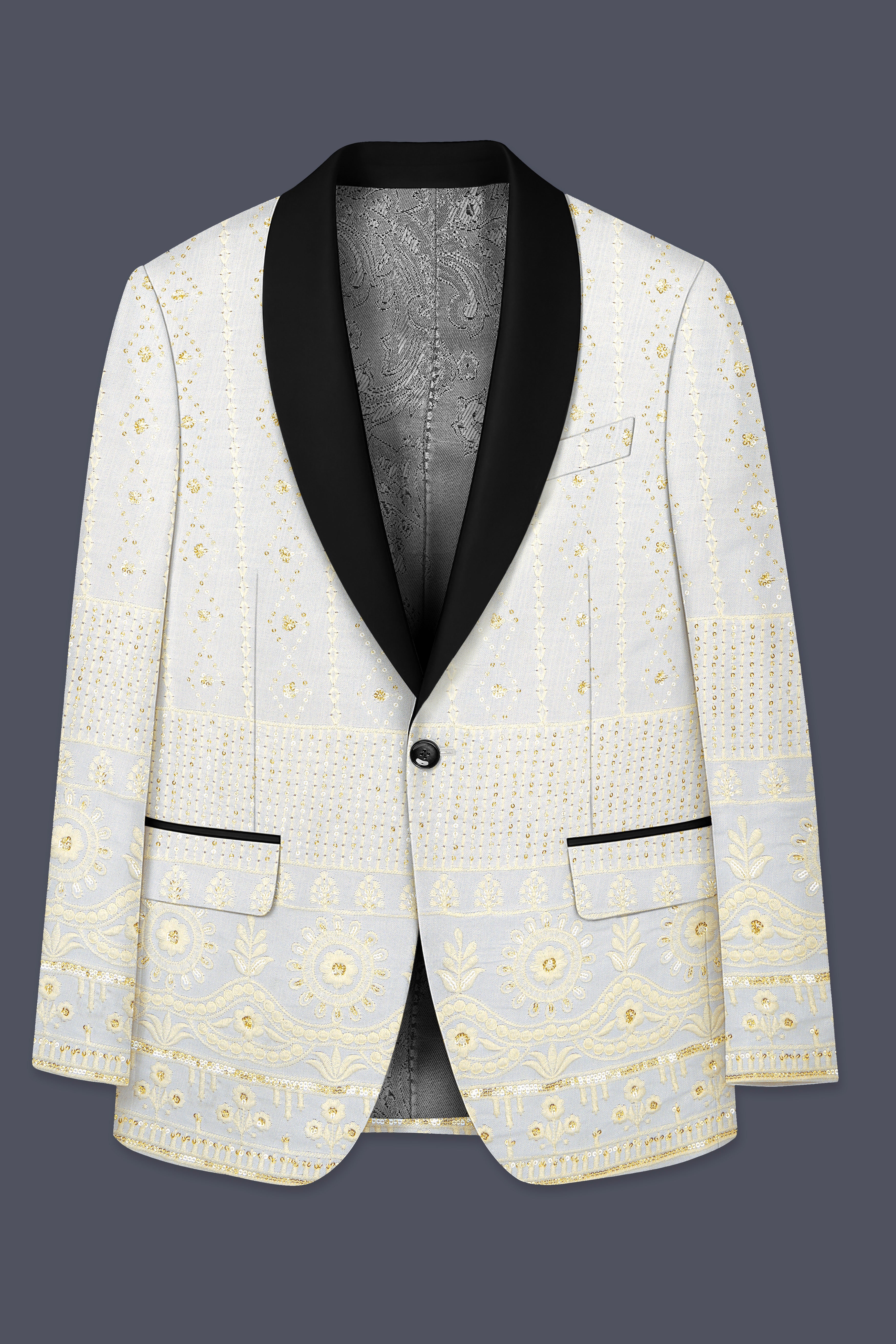 Aurevia-Albescent Cream With Sequin Embroidered Designer Tuxedo Suit