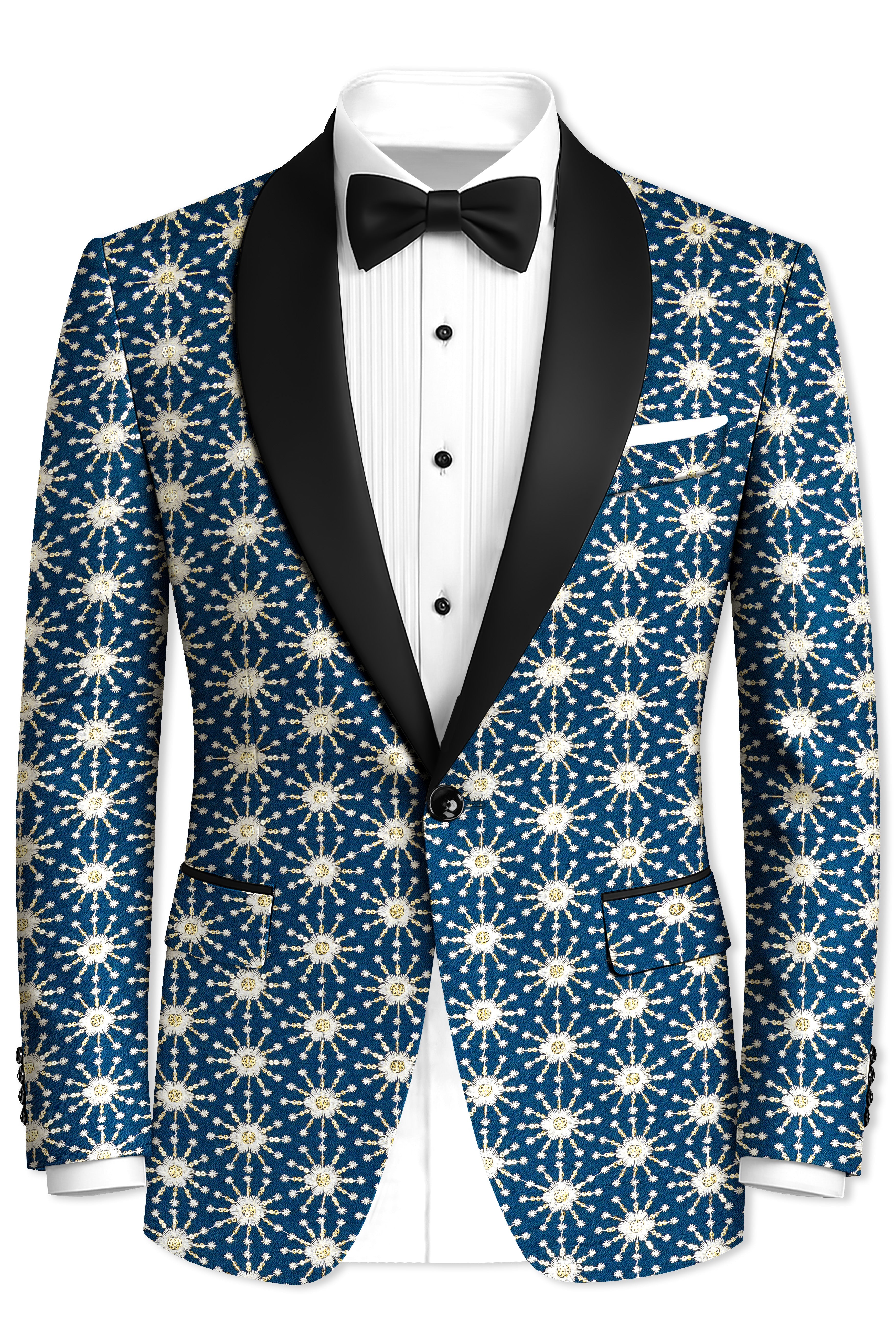Bluviera-Sherpa Blue and Bright White Floral Embroidered with Sequin Work Viscose Designer Tuxedo Suit