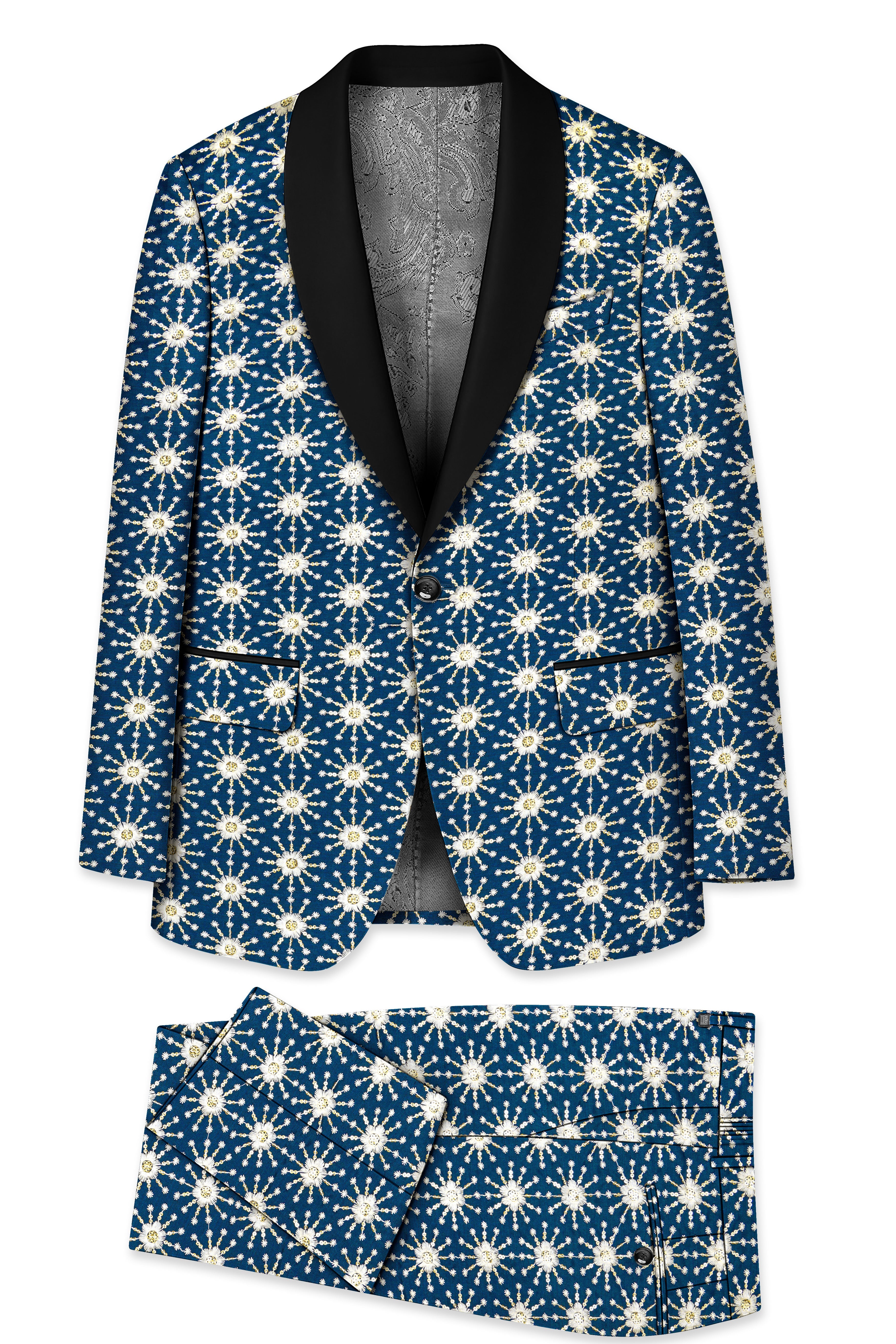 Bluviera-Sherpa Blue and Bright White Floral Embroidered with Sequin Work Viscose Designer Tuxedo Suit