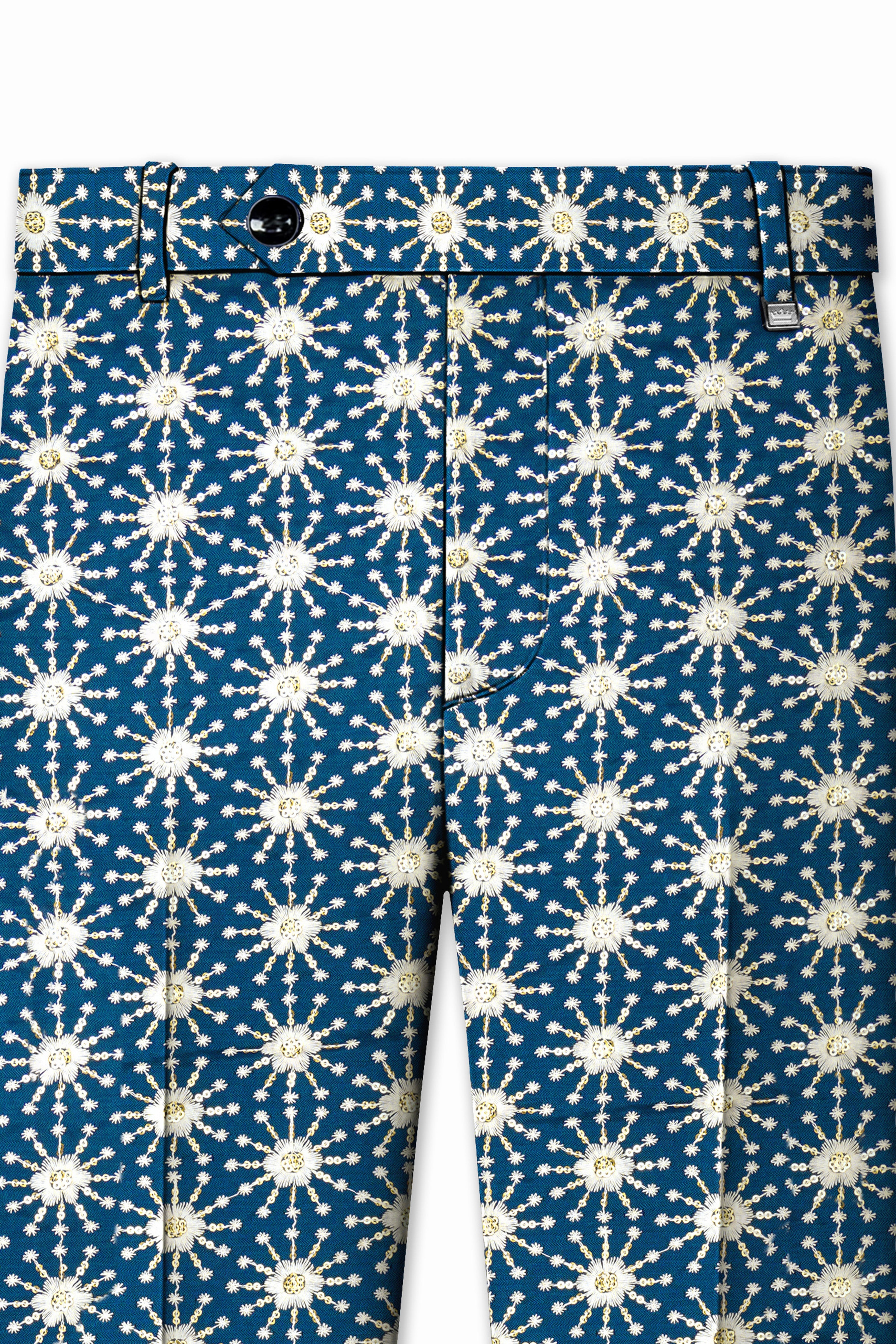Bluviera-Sherpa Blue and Bright White Floral Embroidered with Sequin Work Viscose Designer Tuxedo Suit