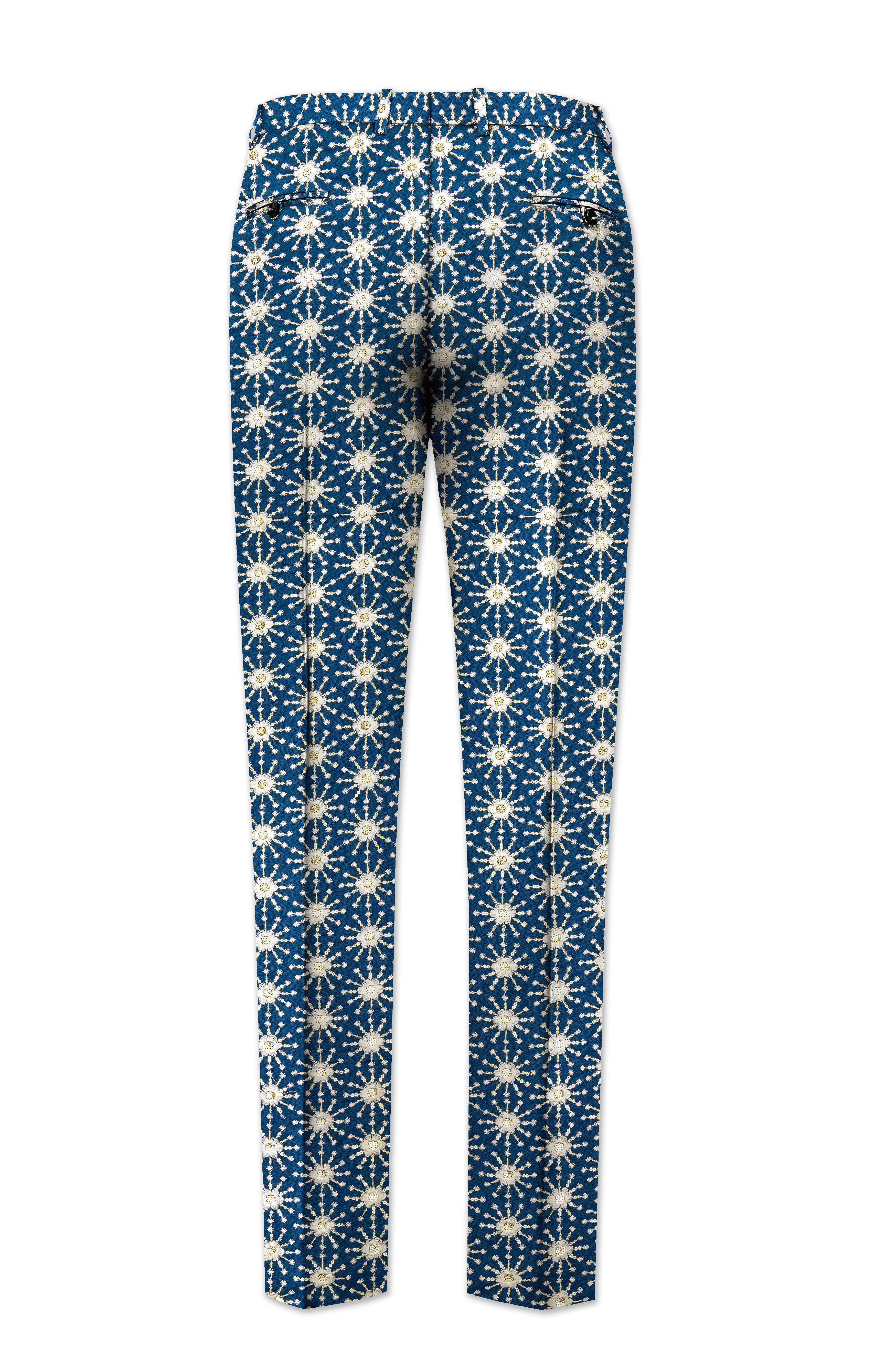 Bluviera-Sherpa Blue and Bright White Floral Embroidered with Sequin Work Viscose Designer Tuxedo Suit