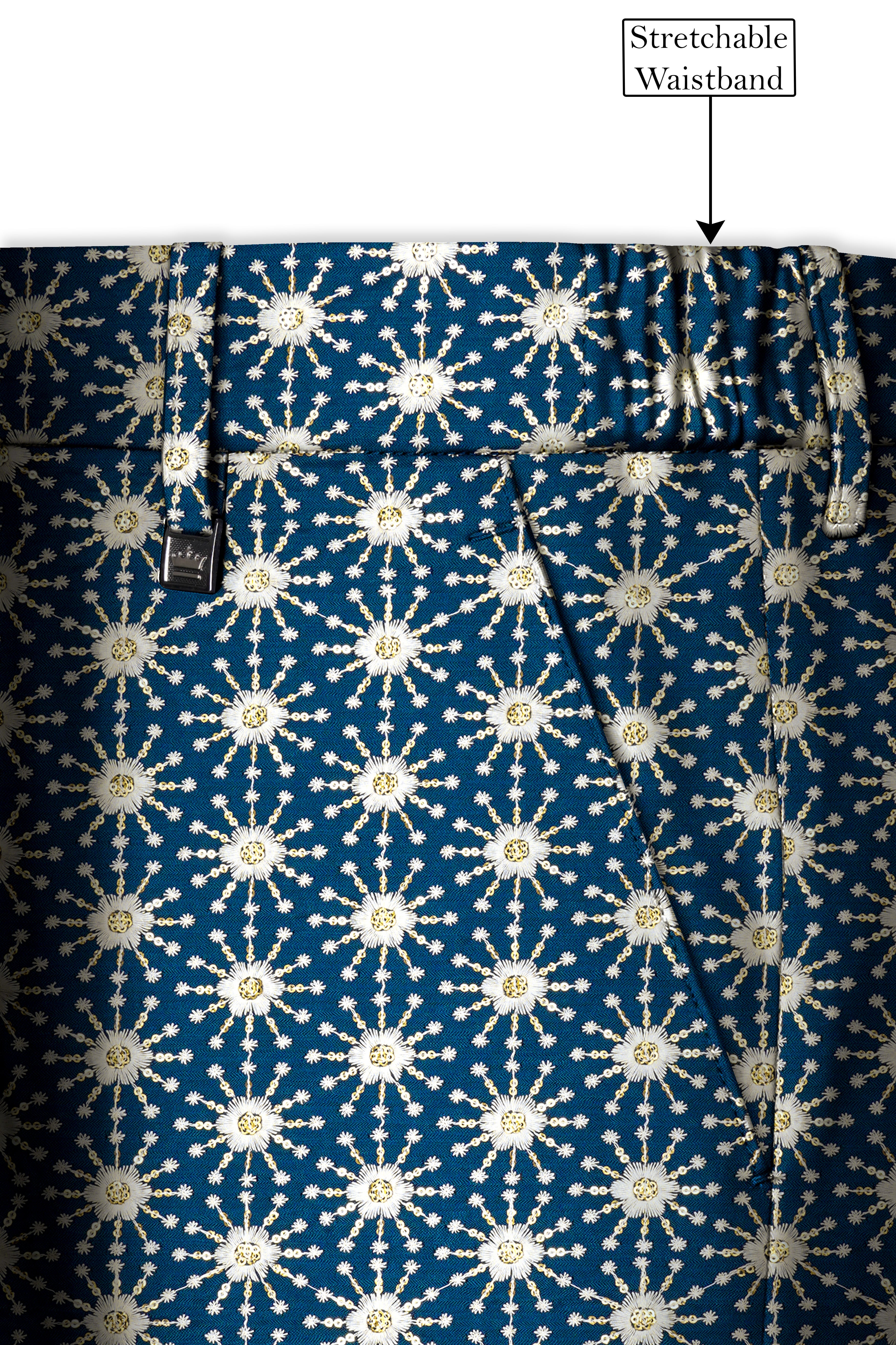 Bluviera-Sherpa Blue and Bright White Floral Embroidered with Sequin Work Viscose Designer Tuxedo Suit