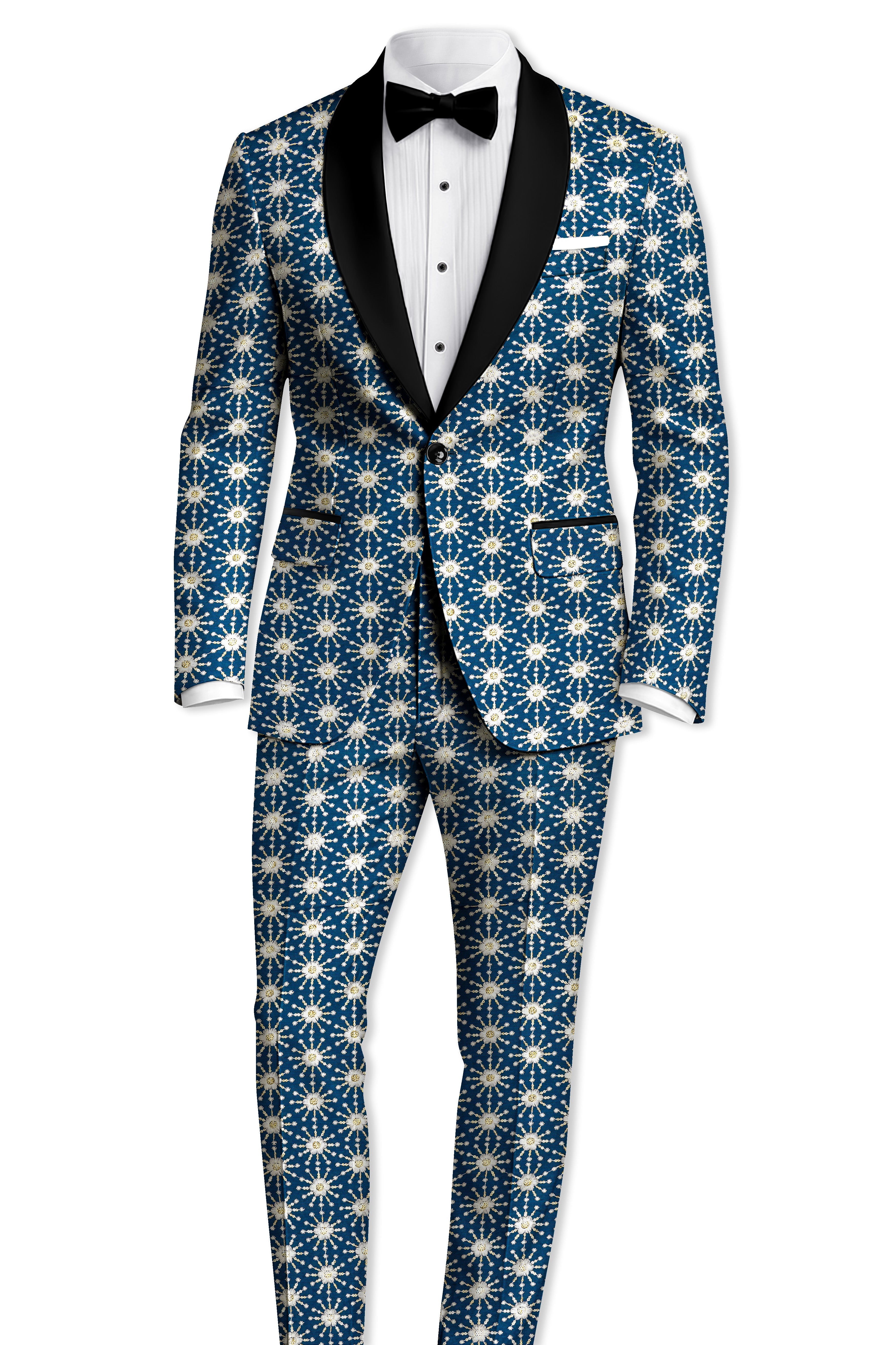 Bluviera-Sherpa Blue and Bright White Floral Embroidered with Sequin Work Viscose Designer Tuxedo Suit