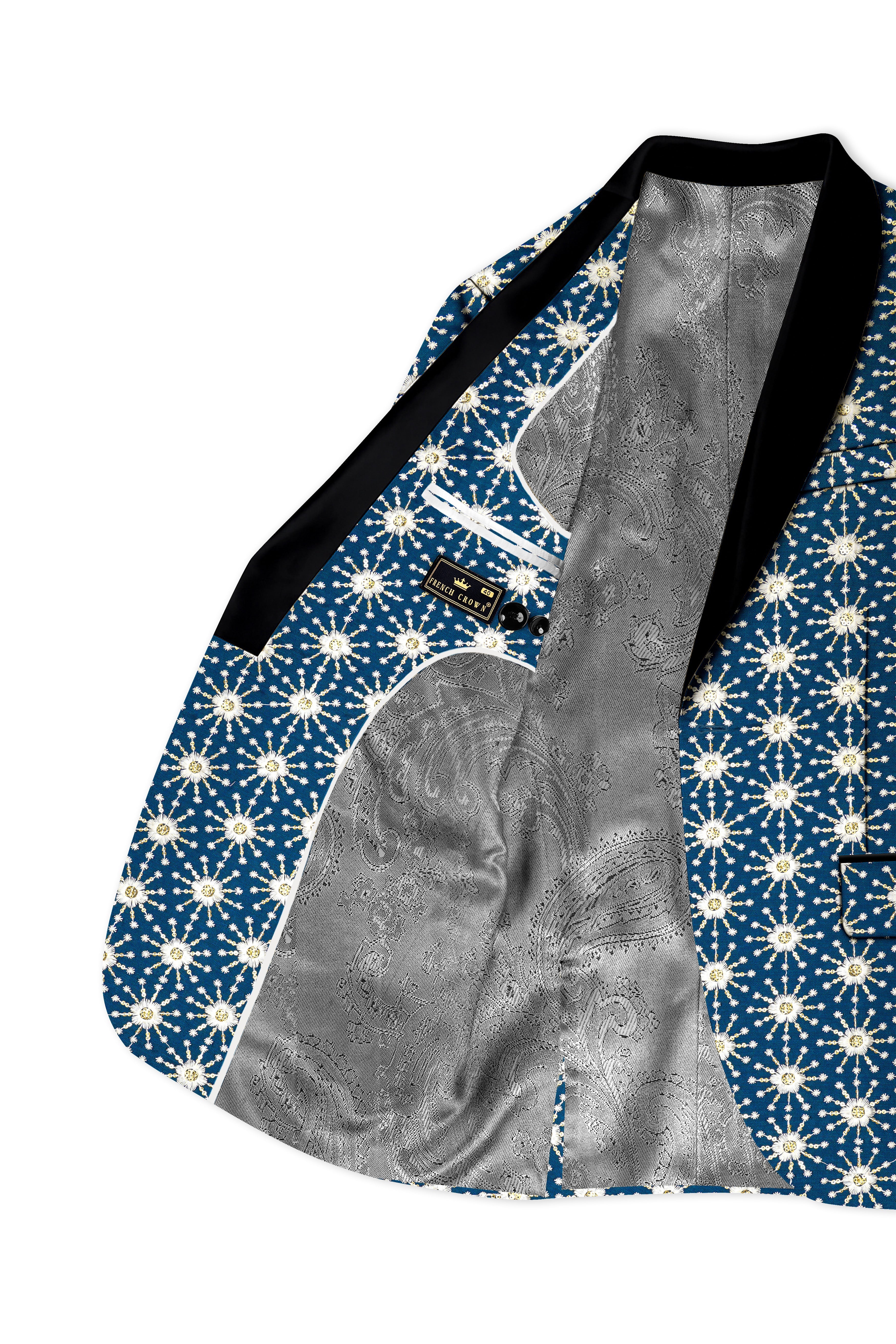 Bluviera-Sherpa Blue and Bright White Floral Embroidered with Sequin Work Viscose Designer Tuxedo Suit