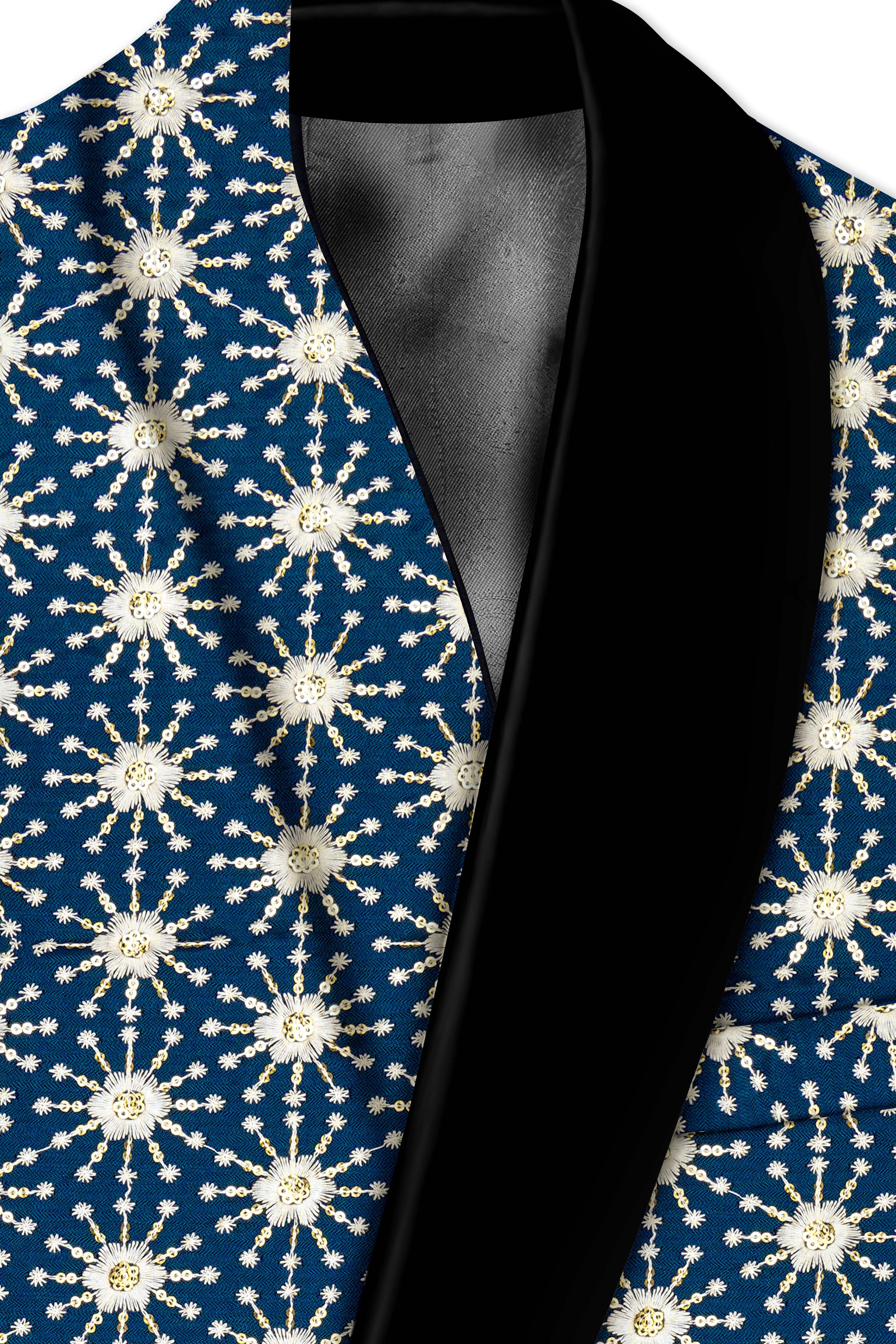Bluviera-Sherpa Blue and Bright White Floral Embroidered with Sequin Work Viscose Designer Tuxedo Suit