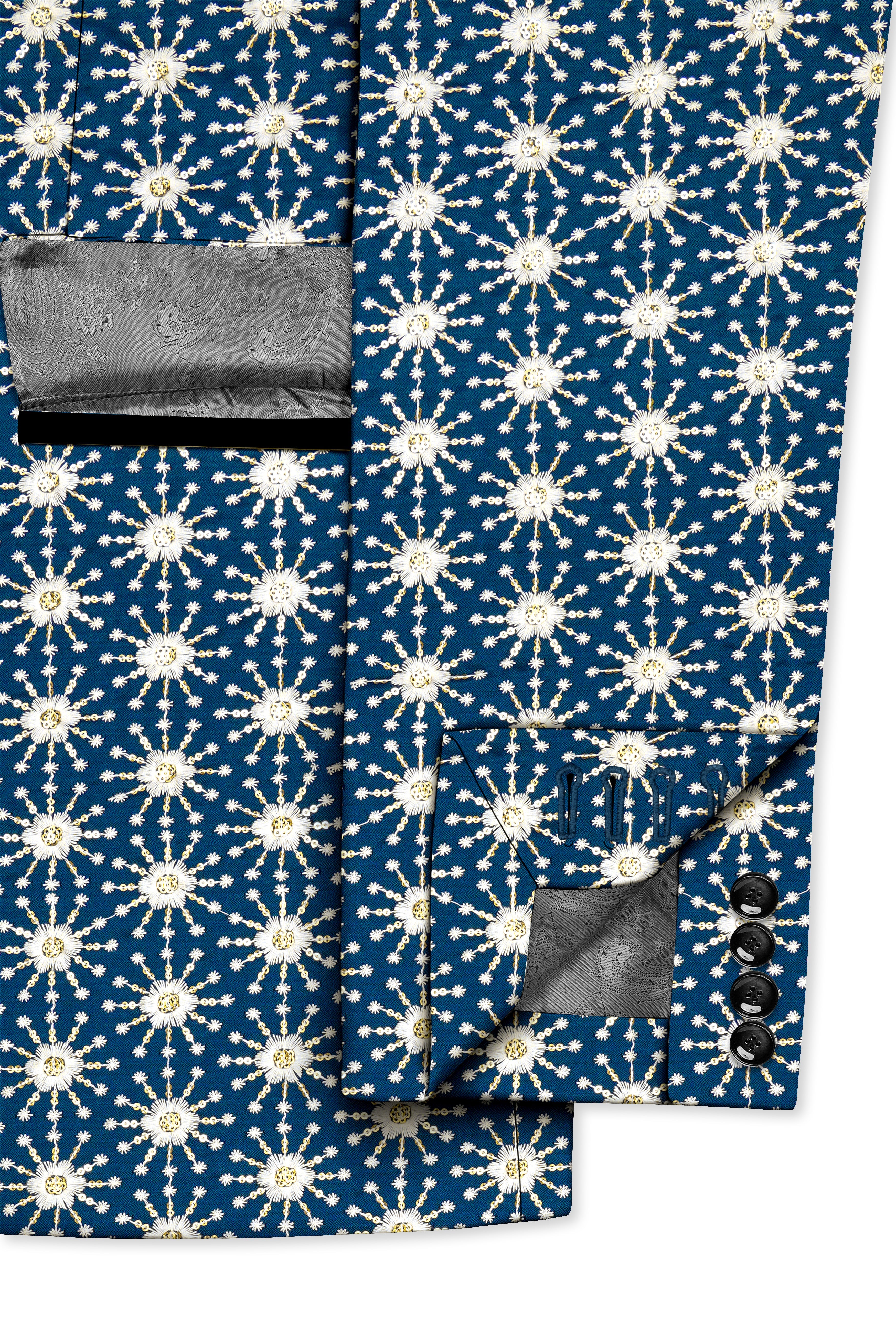 Bluviera-Sherpa Blue and Bright White Floral Embroidered with Sequin Work Viscose Designer Tuxedo Suit