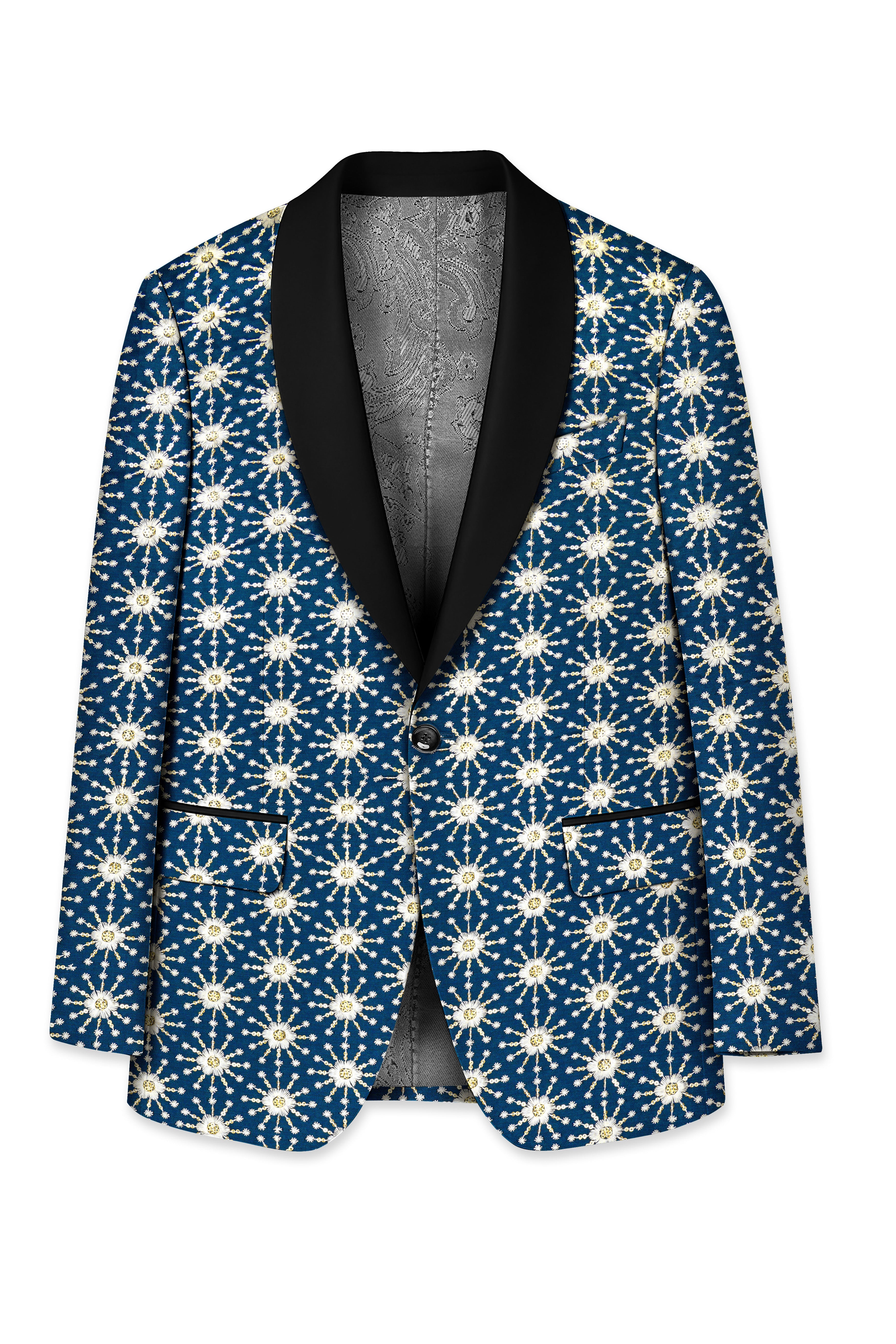 Bluviera-Sherpa Blue and Bright White Floral Embroidered with Sequin Work Viscose Designer Tuxedo Suit